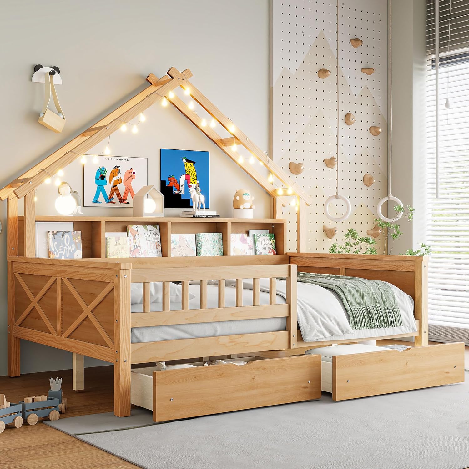 LUMISOL Full Size House Bed with Storage Drawers and LED, Kids Playhouse Bed Frame with Guardrails and Bookcase, Natural