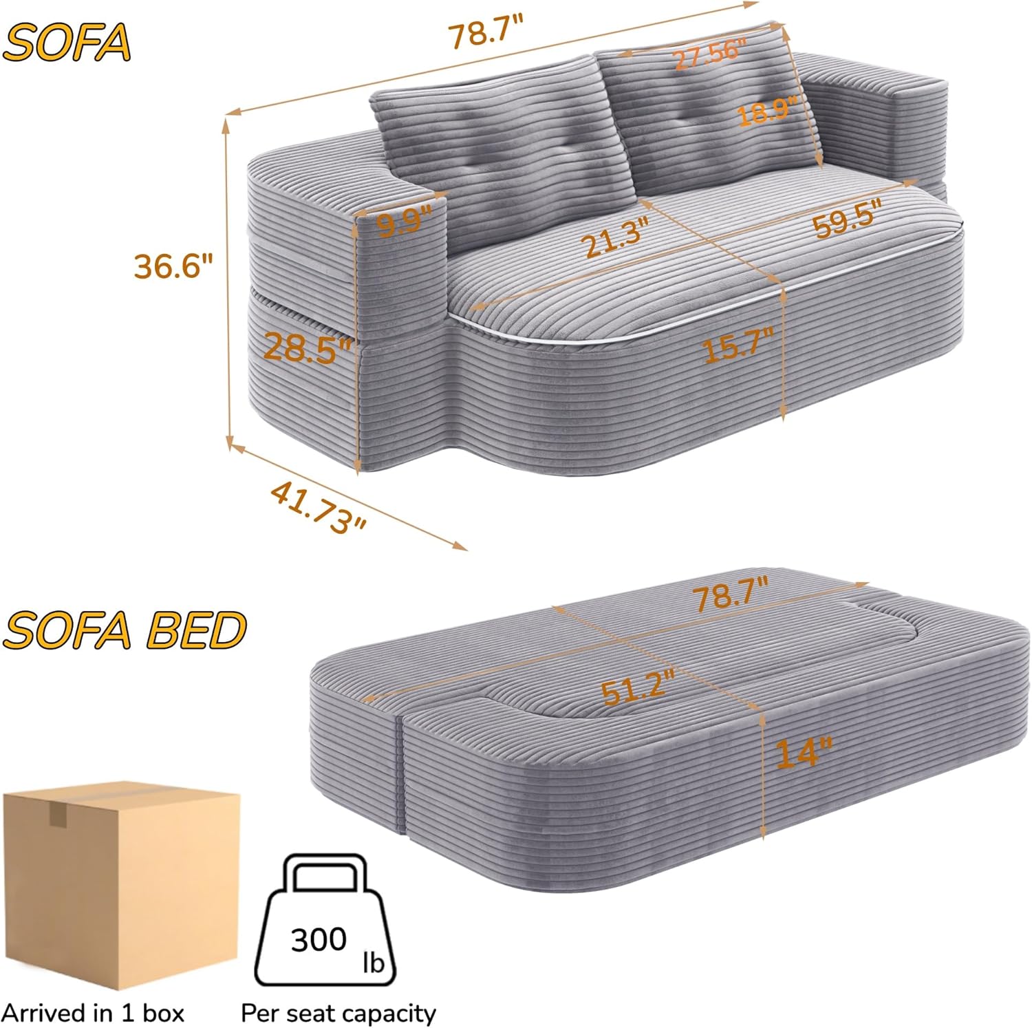 80" Convertible Folding Sofa Bed with Multi Functional Blanket,King Size Folding Mattress Sleeper Cloud Floor Couch,Corduroy Boneless Sectional Couches for Living Room Bedroom (Light Grey)