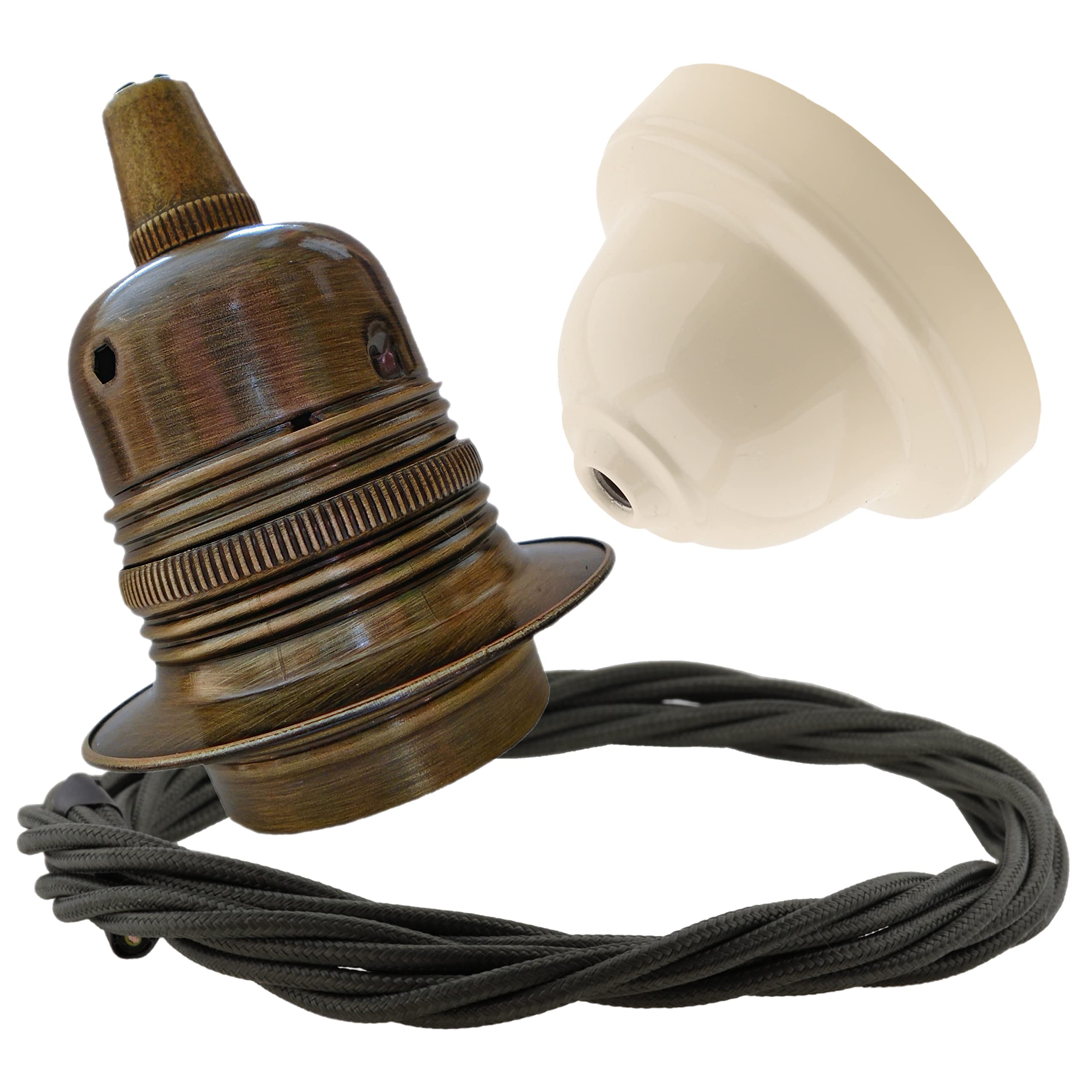 Repaireum Ltd. Pendant Kit with Ivory Bakelite Ceiling Cup E27 Antique Brass Lampholder and Khaki Green Flex