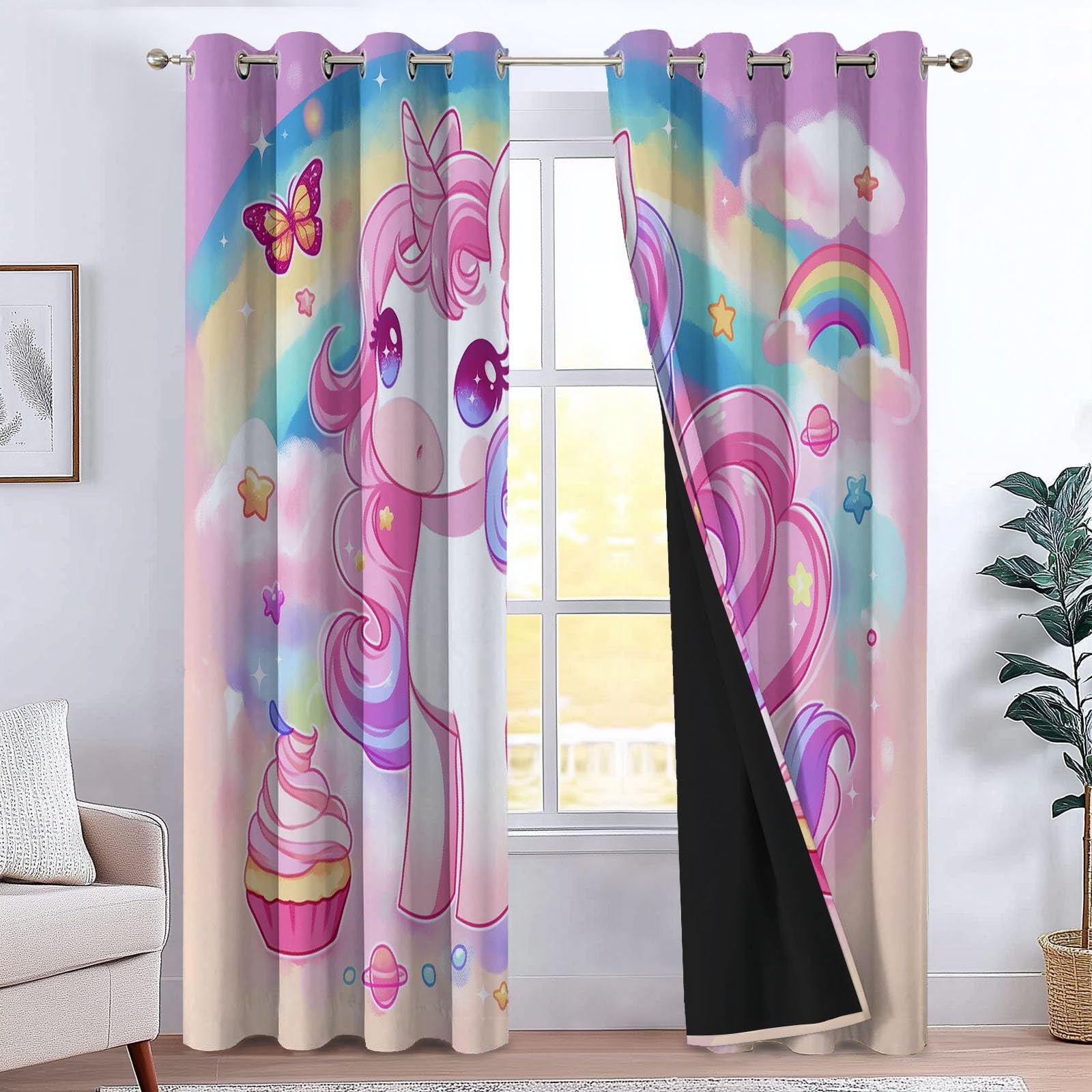 Rideaux Occultants Thermiques Dessin Animé Mignon Licorne Arc-en-Ciel Rose, Rideaux Opaques à Œillets pour Salon et Salle à Manger, Isolation Thermique Moderne, L117 x H138 cm, Lot de 2