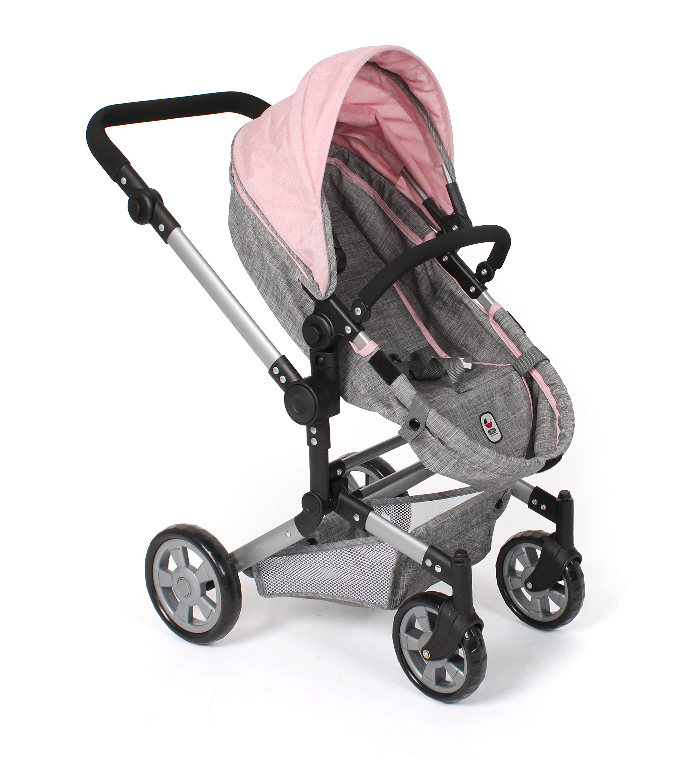Bayer Chic 2000 Puppenwagen Linus | 2in1 Kombi-Buggy Melange Grau-Rosa | Großer 2in1 Kombi-Puppenwagen mit umwandelbarer Wanne für Puppen bis 52 cm. Melange Grau-Rosa, hoher Griff 47-78 cm.
