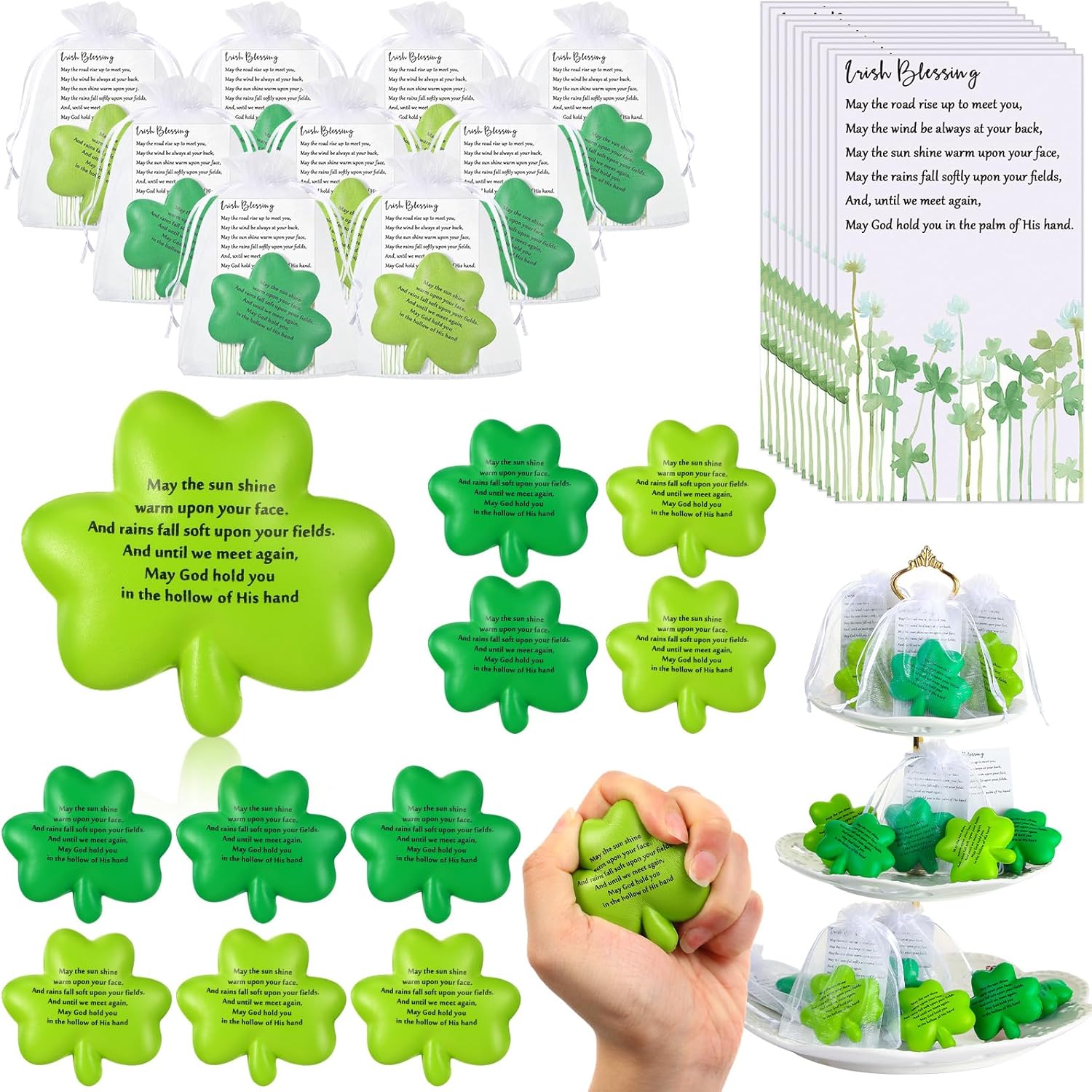 150 Pcs St. Patrick’s Day Gift Bulk Shamrock Stress Balls with Irish Blessing Cards Organza Bags, Squeeze Ball Favor for School, Kid, Classroom Treat, Church Giveaway, Employee Appreciation