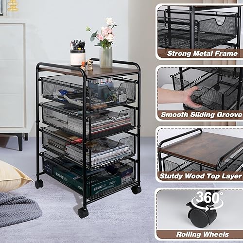 Miniatura 7 de EasyPAG Carros de malla para almacenamiento de archivos con 4 ruedas giratorias, ruedas rodantes, organizador de cubos para ensamblar, 4 cajones,