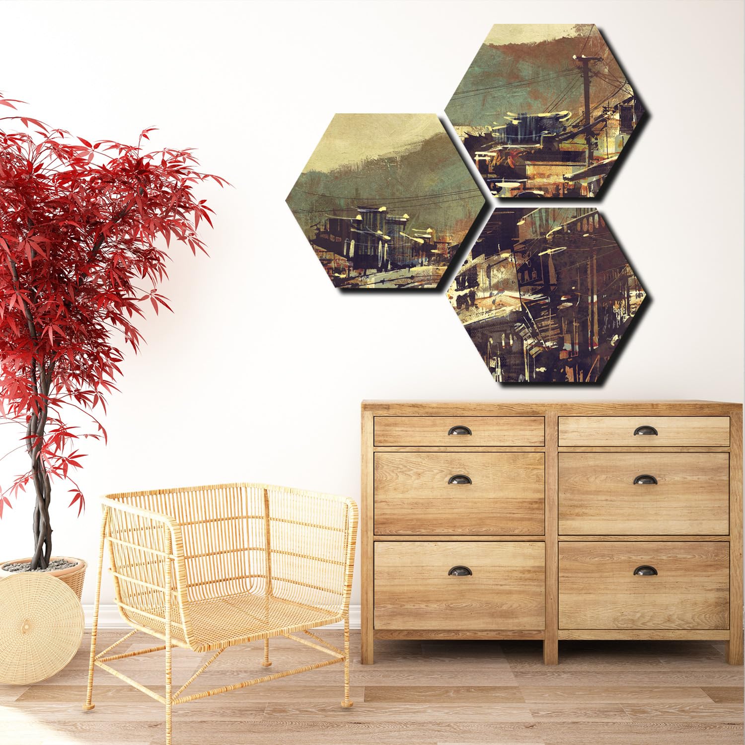 KACHI PENCIL Set of 3 Hexagon Abstract MDF Art Print Painting Board, Wall Hanging, UV Textured for Home Decoration, Size - 12in x 10.40in Each Pcs, HEX494