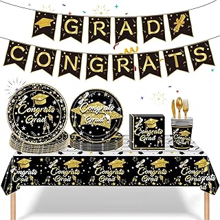 Graduation Party Decorations 2023, 2023 Graduation Party Dinnerware Set Black Gold Disposable Paper Plates Napkins Cups Tablecloth Congrats Grad Banner for Graduation Party Decorations
