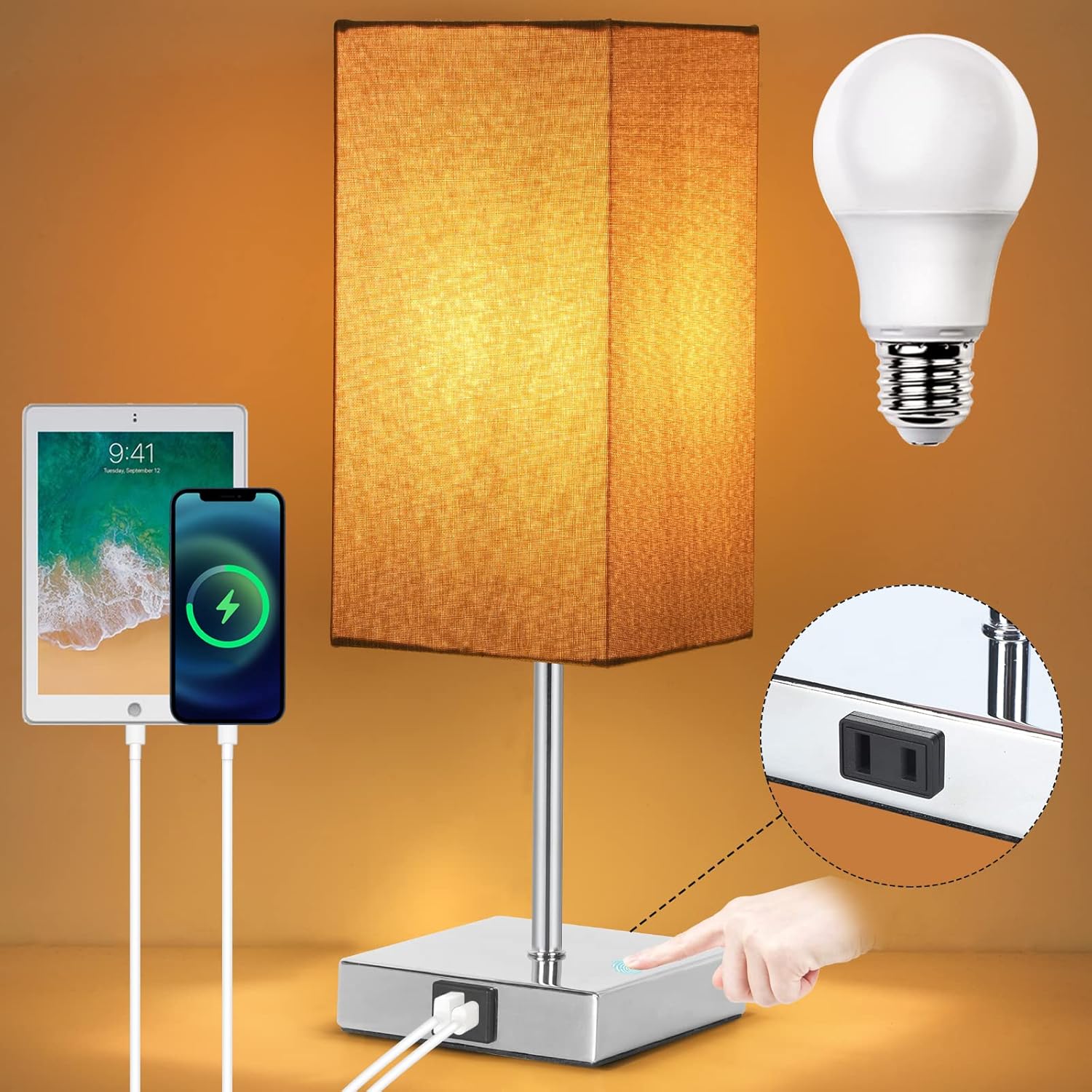 SEEDEDDESIGN Touch Control Table Lamp, Bedside Lamp with USB Port and