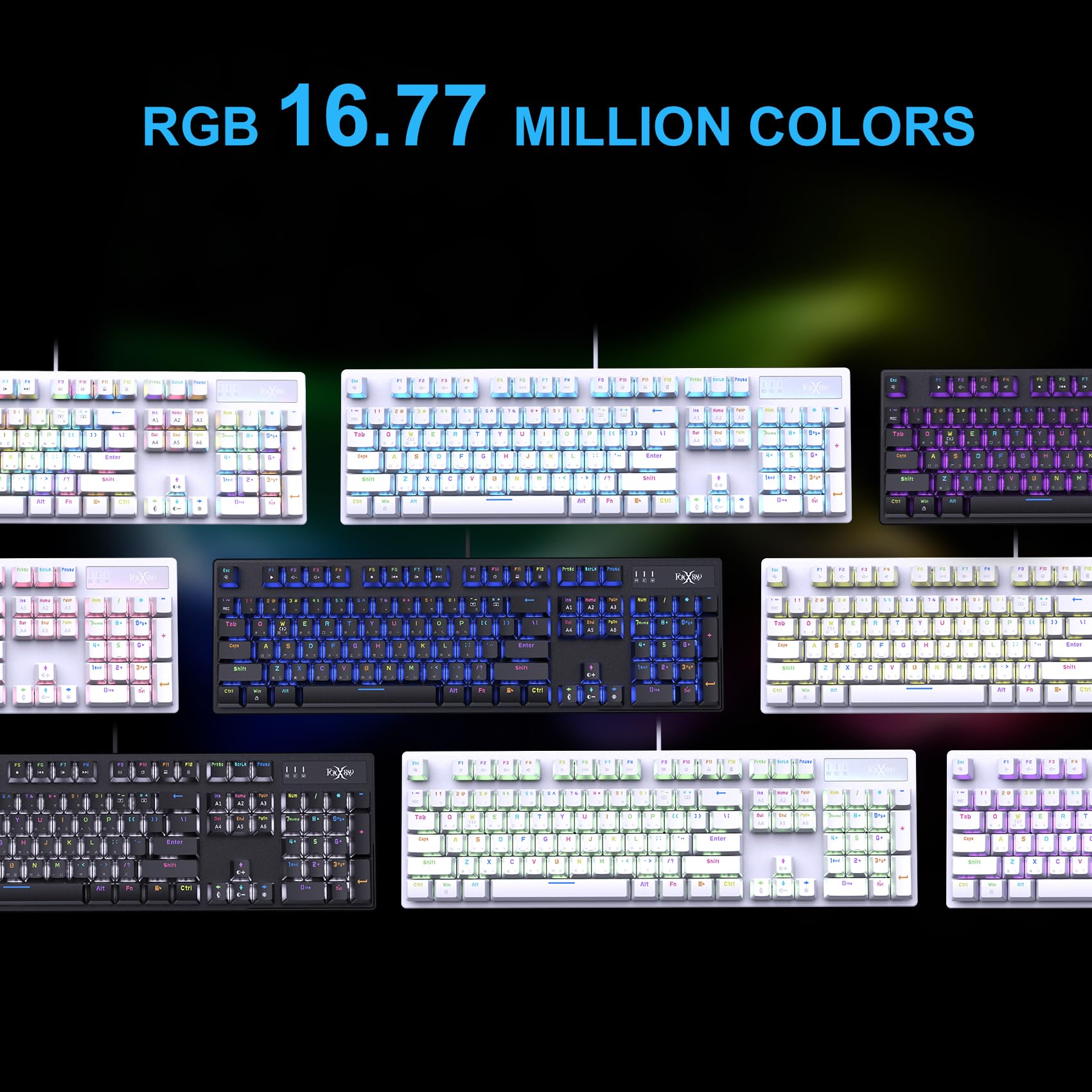 FOXXRAY HKM-88 Tastiera meccanica da gioco full-size, tasti personalizzabili con supporto macro, retroilluminazione RGB, interruttori Outemu rosso/blu, Plug and Play USB per PC (nero, interruttore