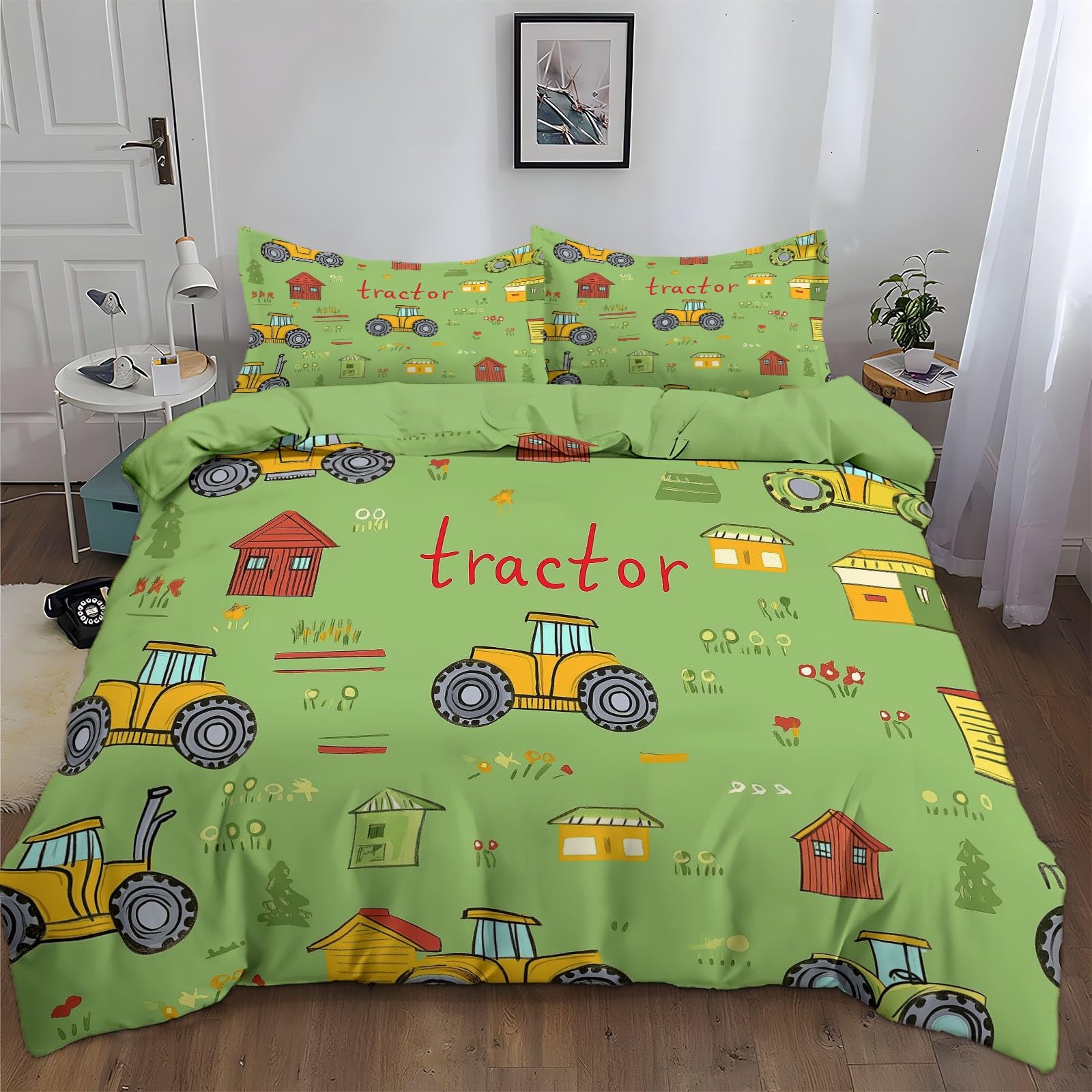 Bettwäsche 155 x 220 cm für Jugendliche Kinder Weich Gemütlich Bettbezug Karikatur Traktor Und Bauernhof Muster Grau Wendebettwäsche Einzelbett mit 2 Kissenbezug 80x80