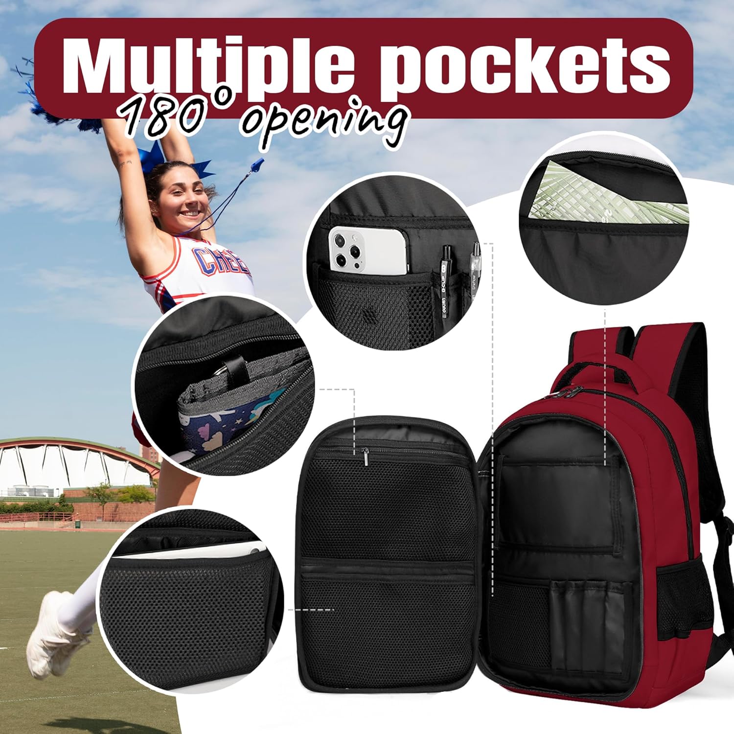 Personalized cheer backpacks for cheerleaders，Cheer backpacks with names, Cheer stuff for Cheer Team (Wine Red)
