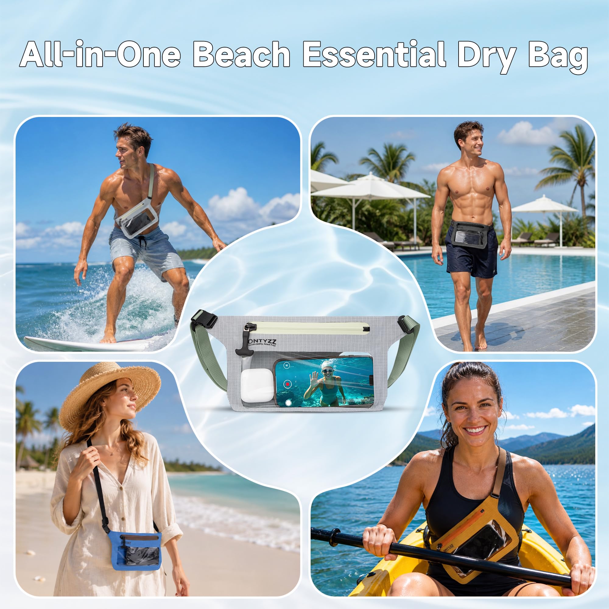 IPX8 Sac Banane Imperméable 2 Pièces Pochette Etanche avec Sangle Hanche Réglable Grande Capacité Ecrans Tactiles Pochette Téléphone Portable pour Sports Nautiques Natation Plage Sorties en Bateau