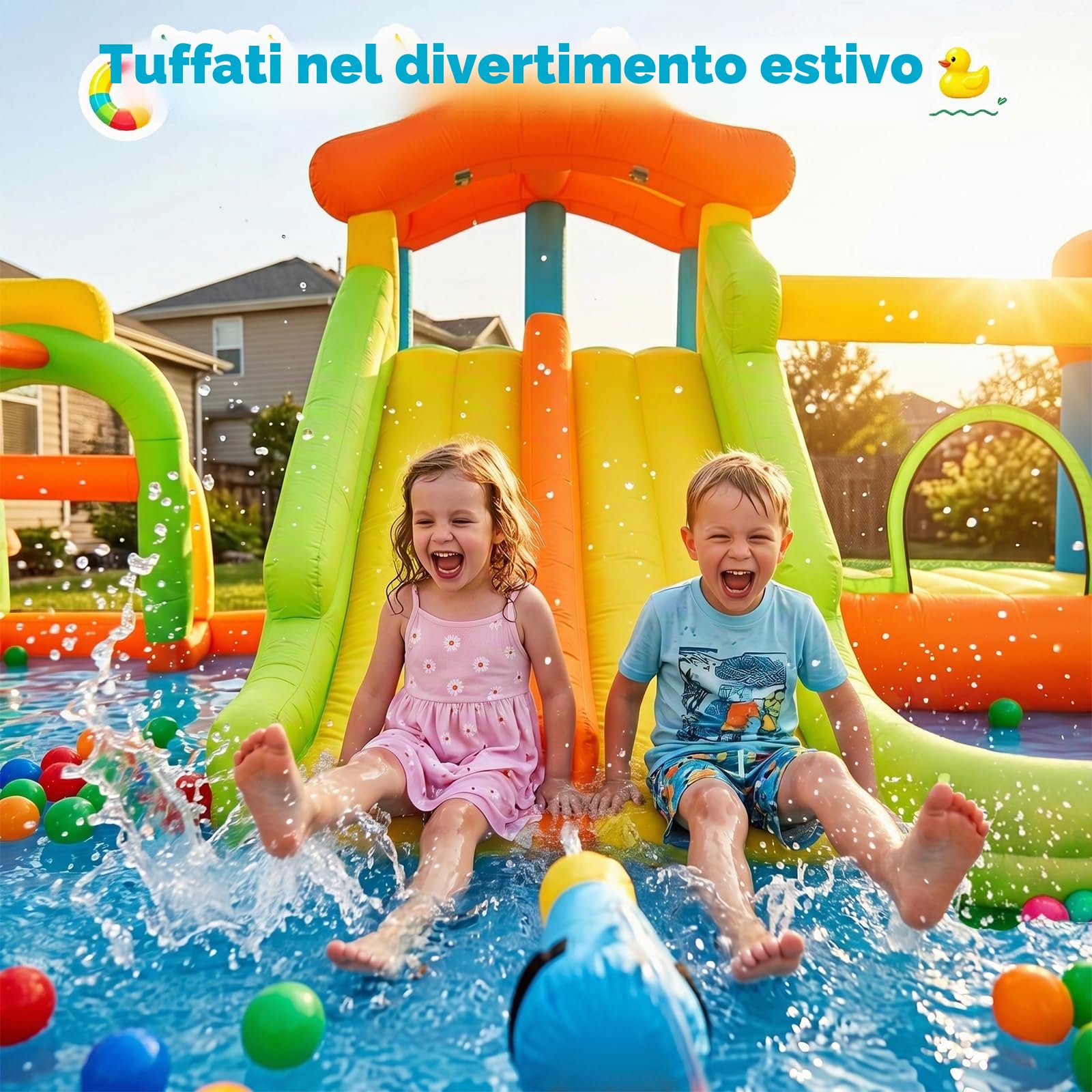 FOOING Grande scivolo acquatico gonfiabile con 2 scivoli e vasca da bagno per bambini – Area di gioco gonfiabile con due corridoi per feste in giardino e cortile, divertimento estivo all'aperto
