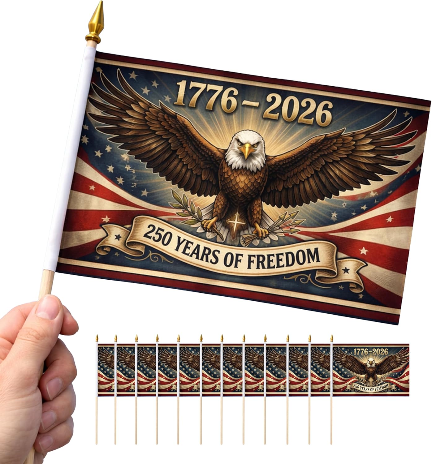 250th Anniversary USA Handheld Flags, 5.5 x 8.3 Inch Small American Flags on Stick, 1776-2026 Patriotic Mini Flags for Parade, Party, Classroom, Yard Decor (200, Style 3)