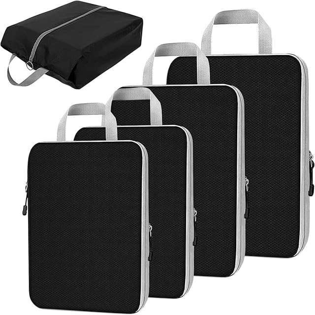 Gzvxuny Compression Packing Cubes for Suitcase, Extensible Suitcase Organiser Bags, 5PCS Waterproof Travel Cubes Organiser Packing Bags Luggage Organiser Bags, Packing Cubes for Travel (Black)