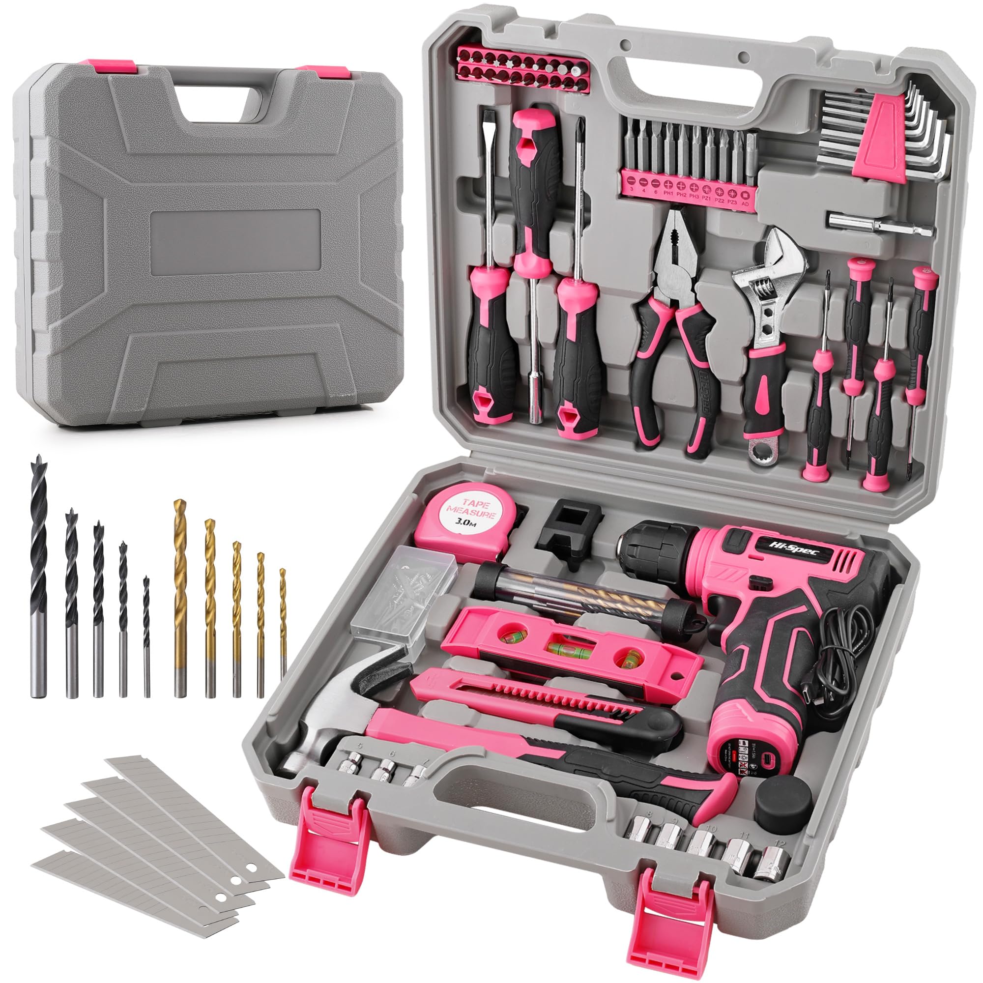 Hi-Spec Set de Herramientas Completo con Destornillador Eléctricos 8V, Rosa | 74 piezas, set completo en estuche portátil, recargable, para tareas de montaje y reparaciones domésticas, uso diario