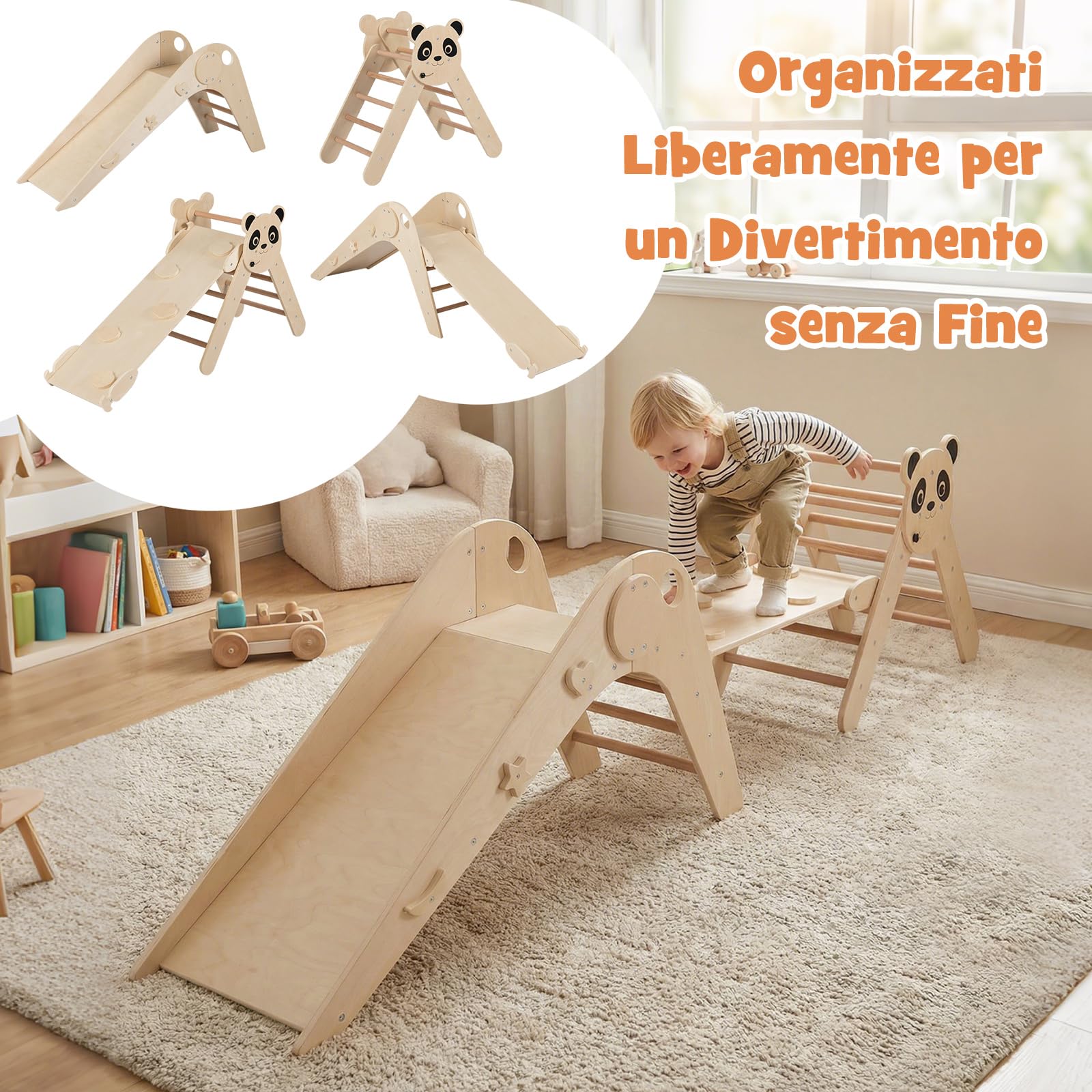 COSTWAY Set da Arrampicata per Bambini, Set Montessori Pieghevoli in Legno, Parco Giochi per Bambini con Scivolo, Rampe, Scala e Blocchi, 3 Anni + (Naturale)