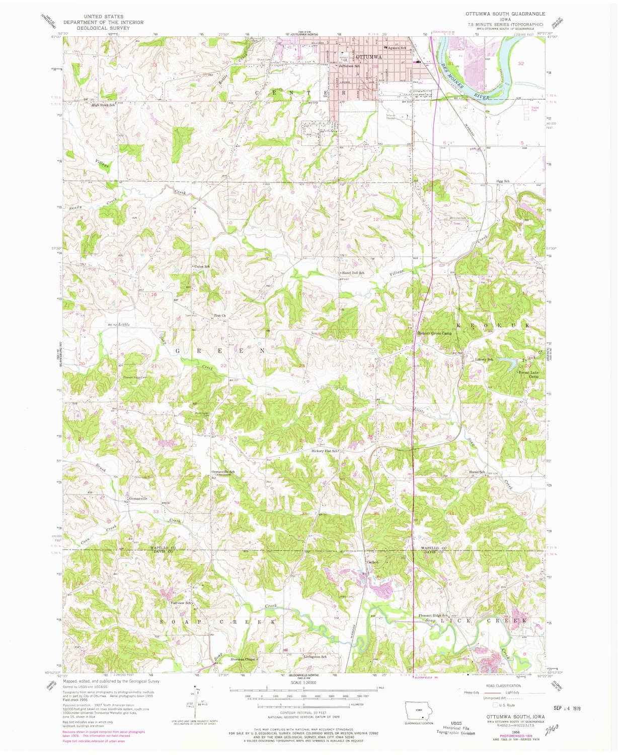 YellowMaps Ottumwa South IA topo map, 1:24000 Scale, 7.5 X 7.5 Minute, Historical, 1956, Updated 1978, 27 x 22.1 in