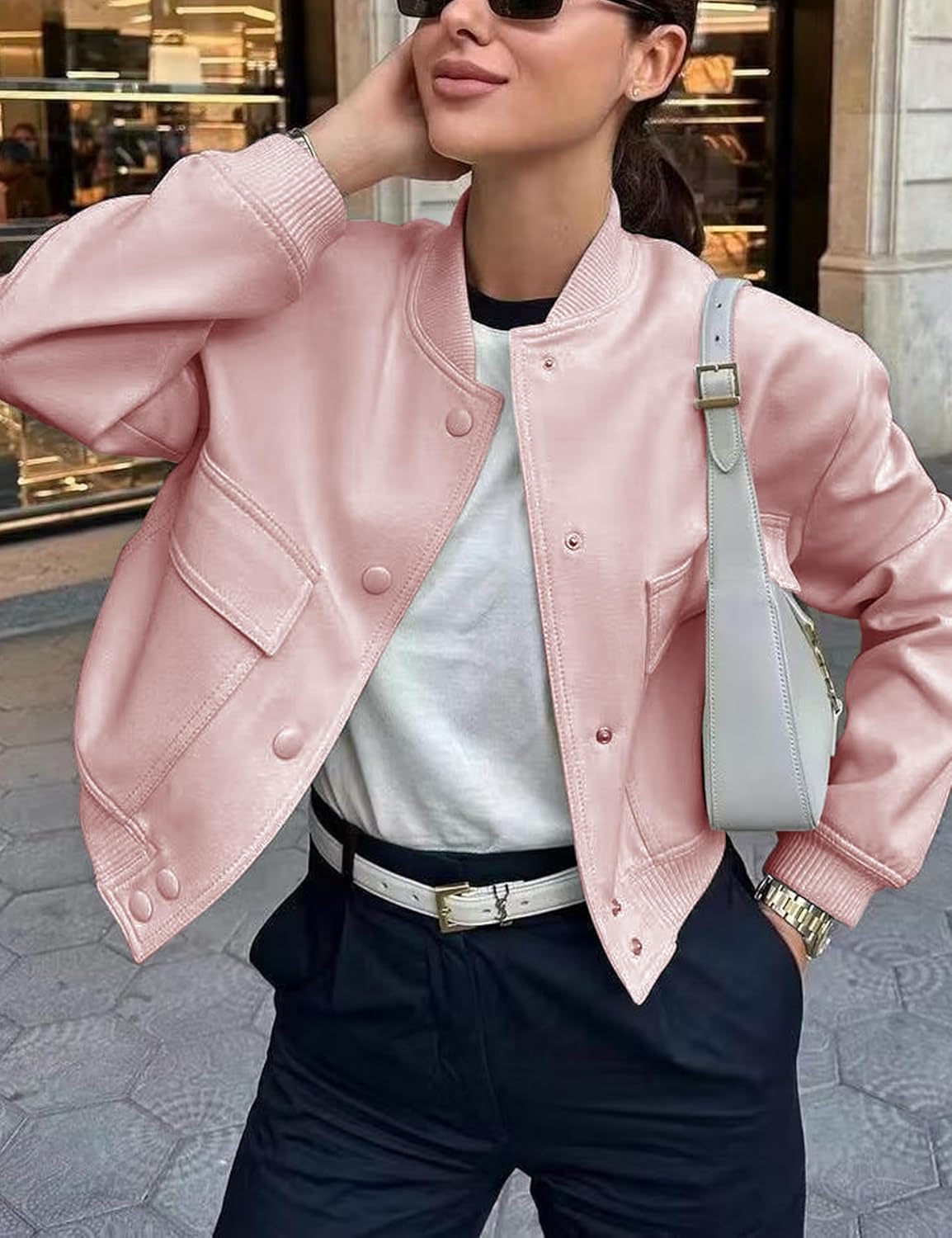 Lumister Women's Fashion Cropped Button Down Lightweight Cropped Bomber Jacket Varsity Shacket with Side Pockets - Image 3