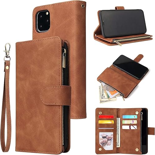 UEEBAI Funda de cartera para iPhone 11, Cartera de cuero PU Cierre magnético Bolso con cremallera Cubierta de bolsillo Ranuras para tarjetas con