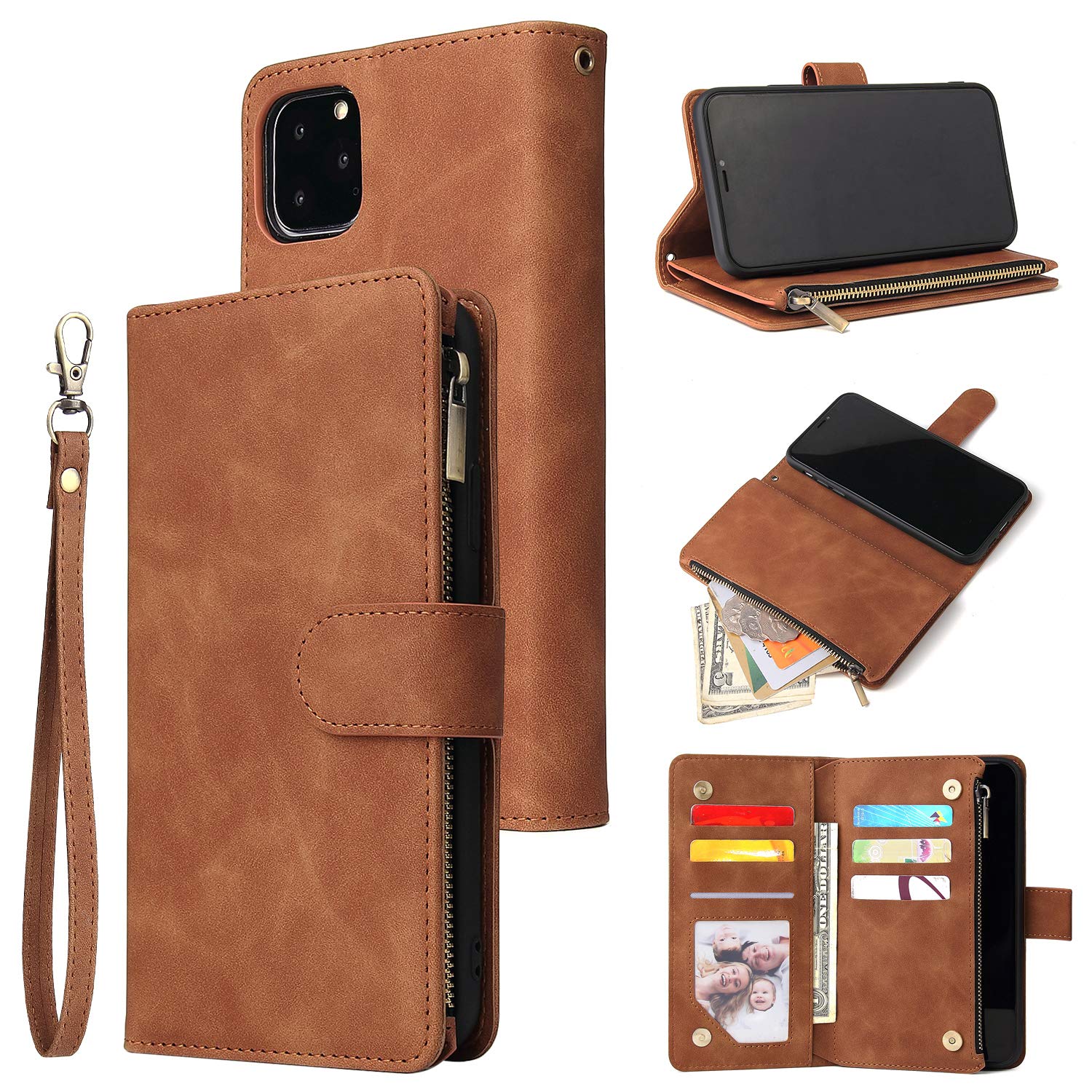 UEEBAI Wallet Case for iPhone 11, PU Leather Wallet Magnetic Closure Handbag Zipper Pocket Cover Kickstand Card Slots with Hand Strap Marple Flip Case