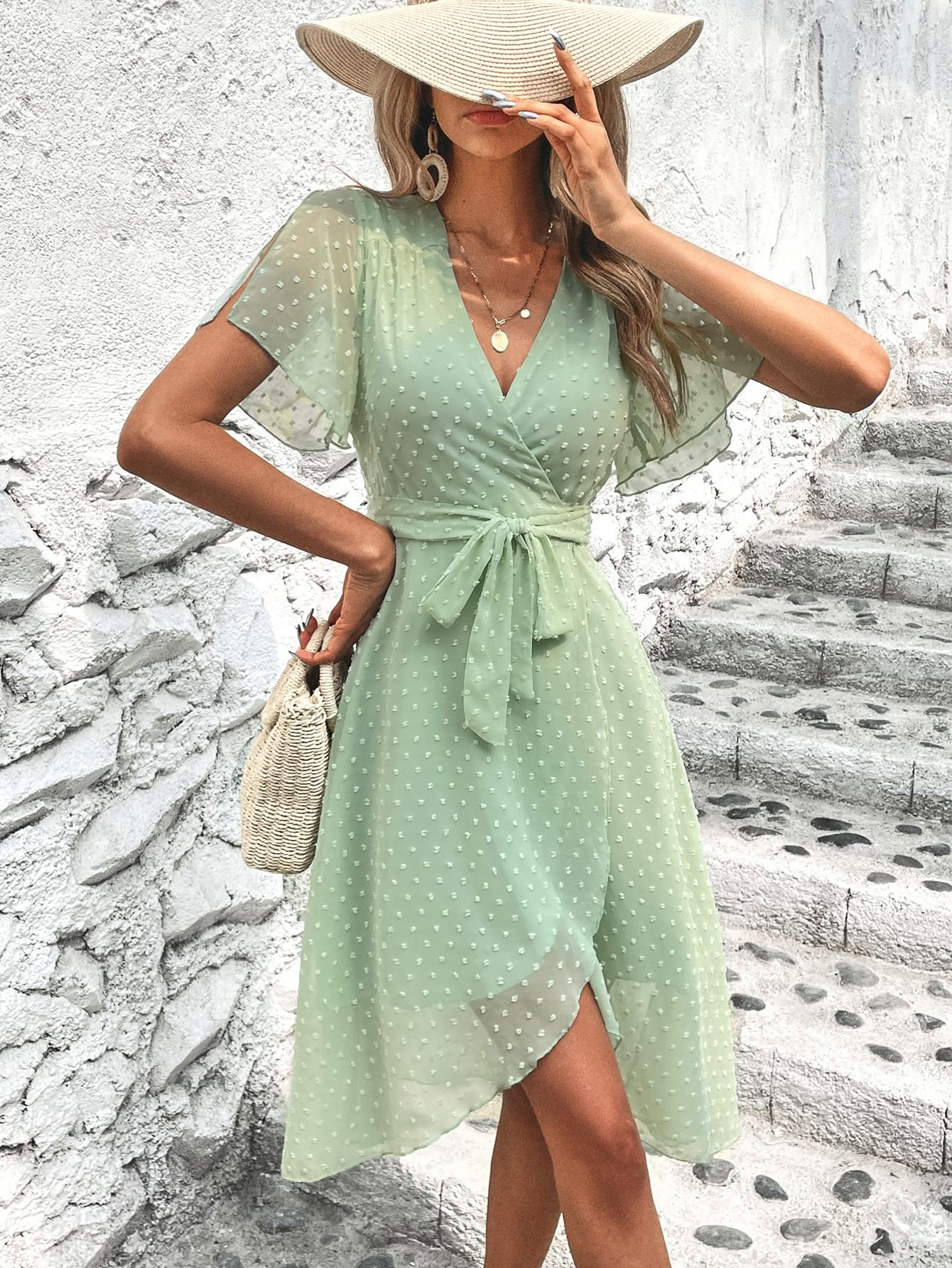 Amazon.com: Neeno Women's Dresses Swiss Dot Belted Wrap Hem Dress Dress for  Women(Color:Green,Size:X-Small) : Clothing, Shoes & Jewelry