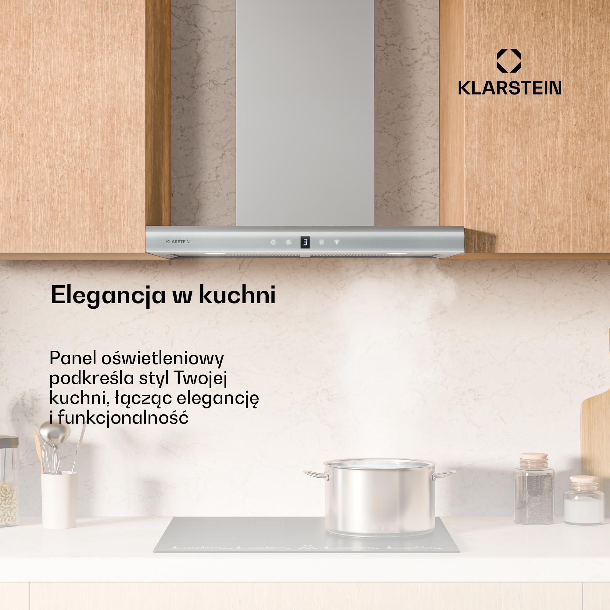 Klarstein Auriana okap kuchenny – 60 cm, przepustowość powietrza 700 m³/h, efektywność energetyczna A+, sterowanie Wi-Fi i dotykowe, oświetlenie LED 6000 K, silnik 110 W, czarny, filtr powietrza