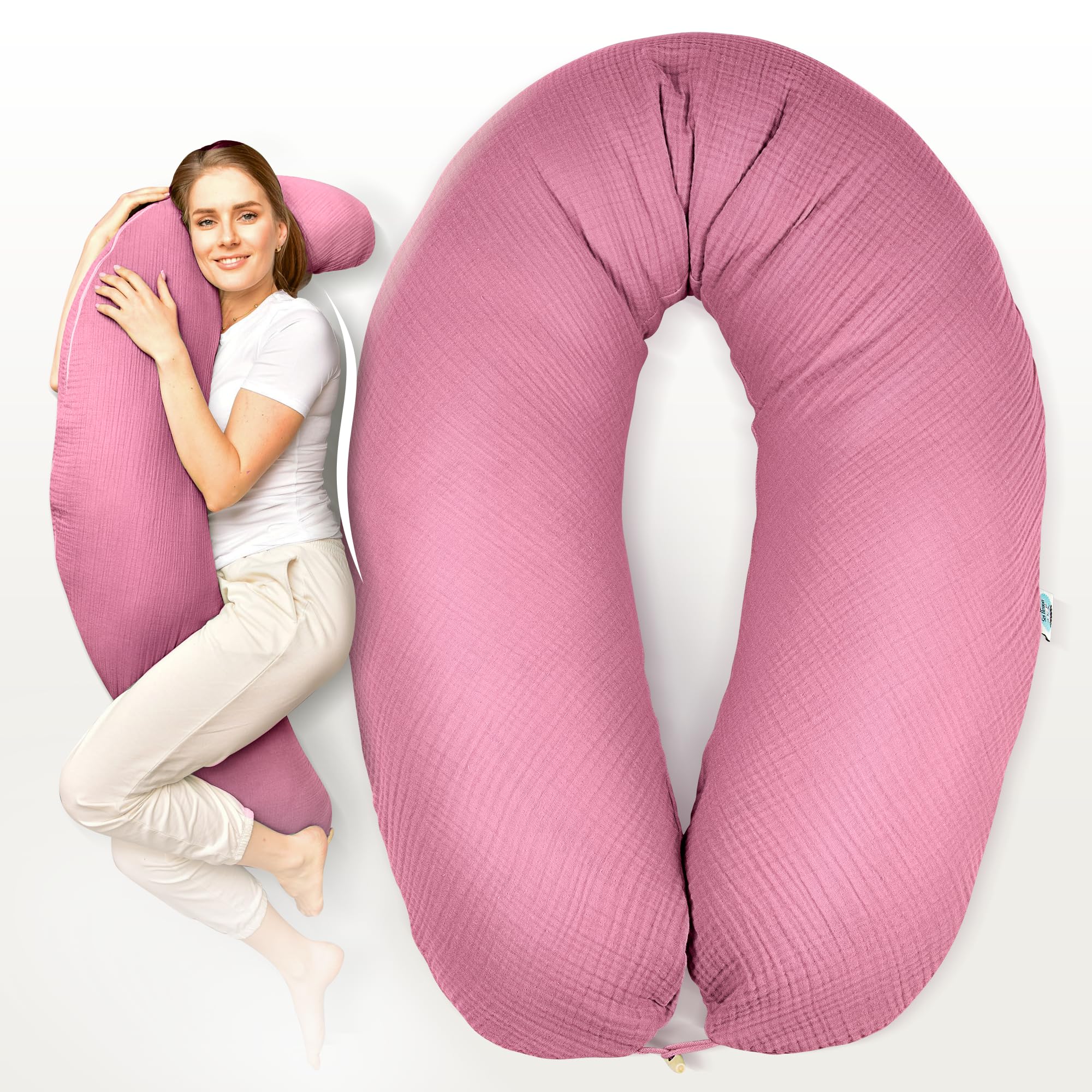 sei Design XXL Stillkissen 190x35 mit Musselin-Bezug ergonomisch. Schwangerschaftskissen Seitenschläferkissen Komfortkissen für Erwachsene. Stillkissenbezug aus 100% Bio-Baumwolle
