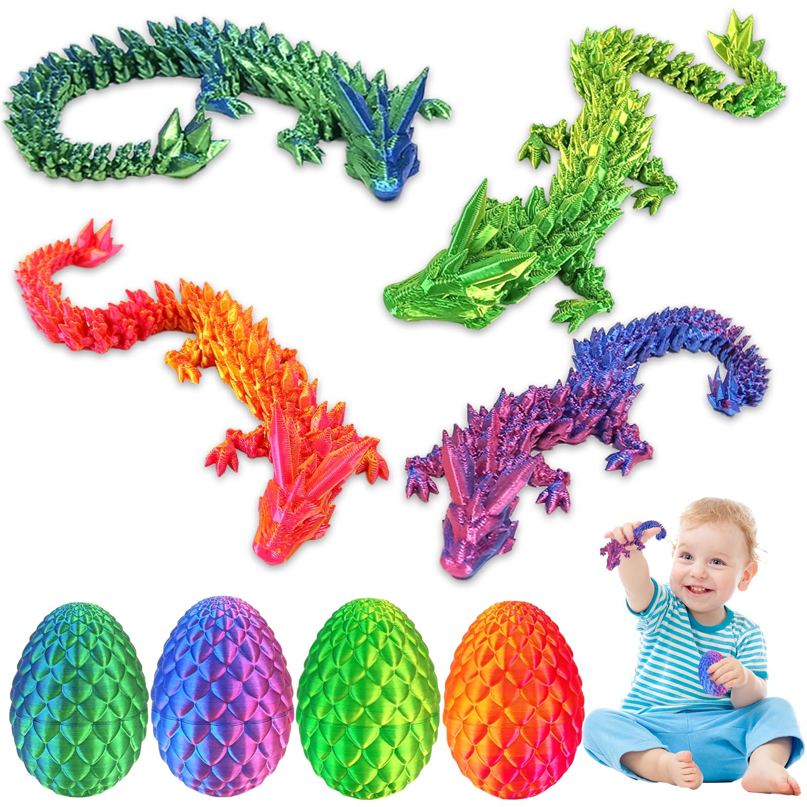 4PCS Dragon Egg with Dragon Inside,3D Dragons Eggs,Articulated Dragons Crystal,3D Printed Fidget Toy,Home Desk Decor Desk Toys,Gifts for Kids,Adults