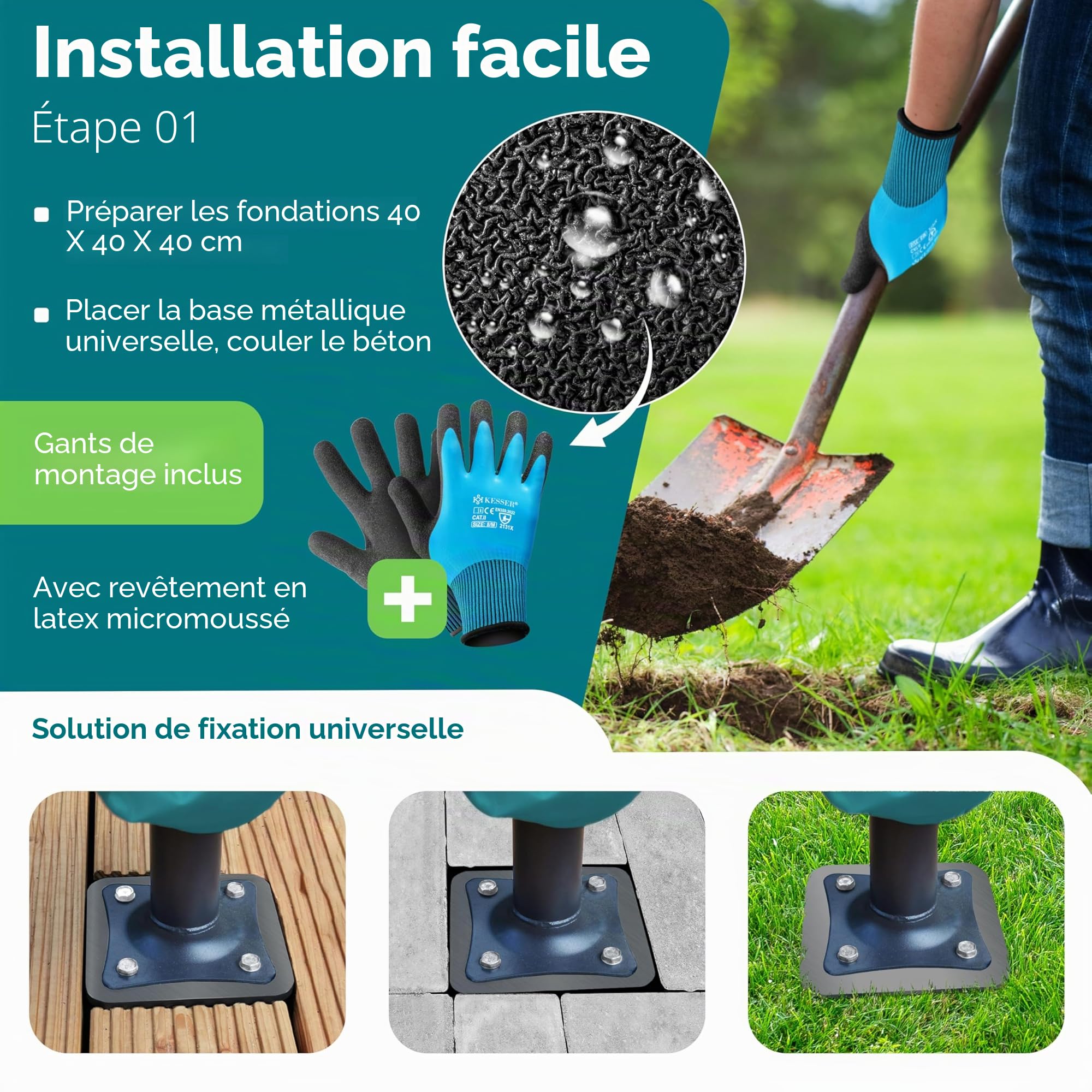 KESSER® Plaque de base universelle en métal | Support pour parasol, auvent, parasol à manivelle | Fixation au sol | 16 x 16 cm, avec gants