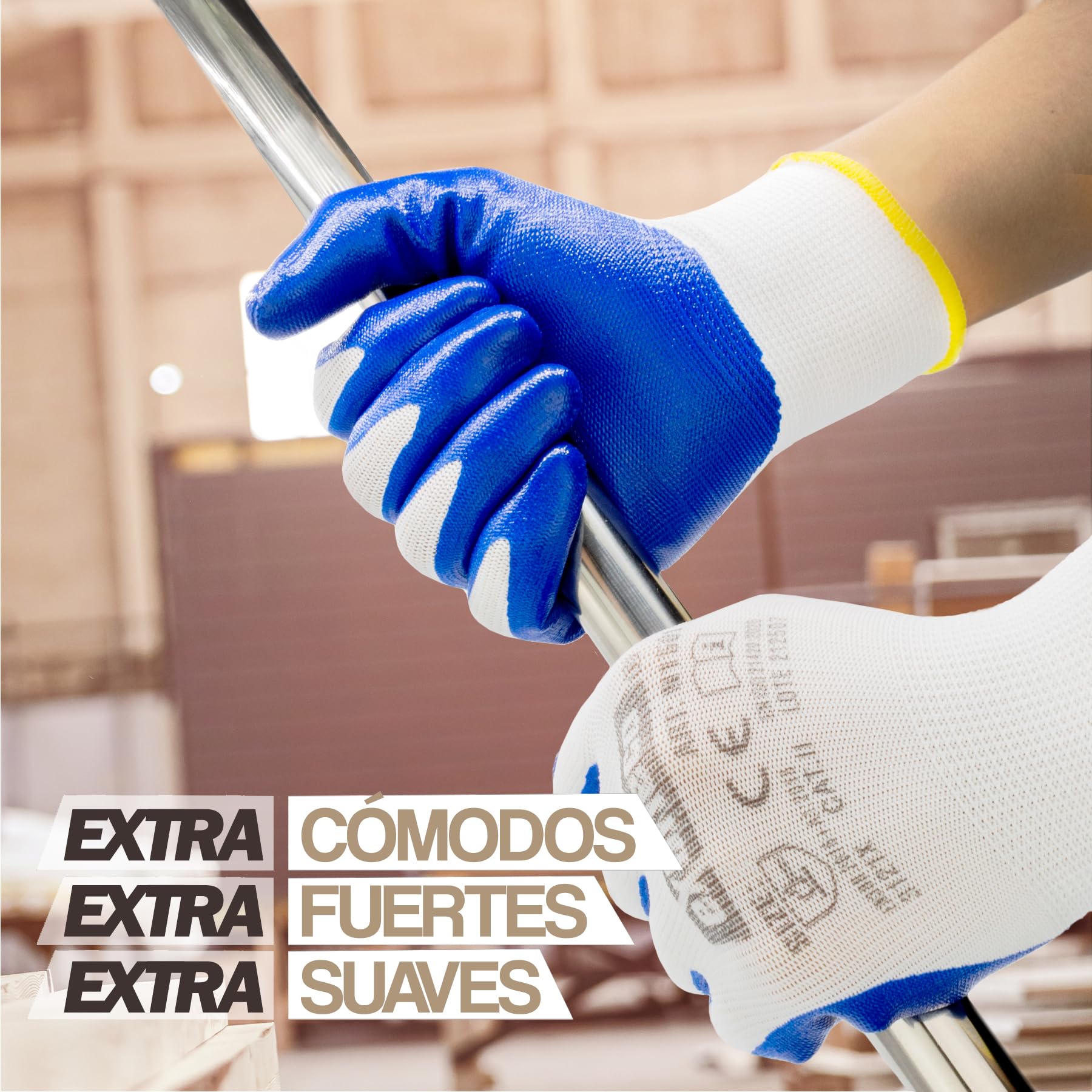 Guantes de Trabajo Profesionales Ideales para Automotriz, Construcción y Embalaje, Guantes de Protección CAT2 en Poliéster y Nitrilo, Precisión Táctil, Multipropósito, Cómodos, Resistentes
