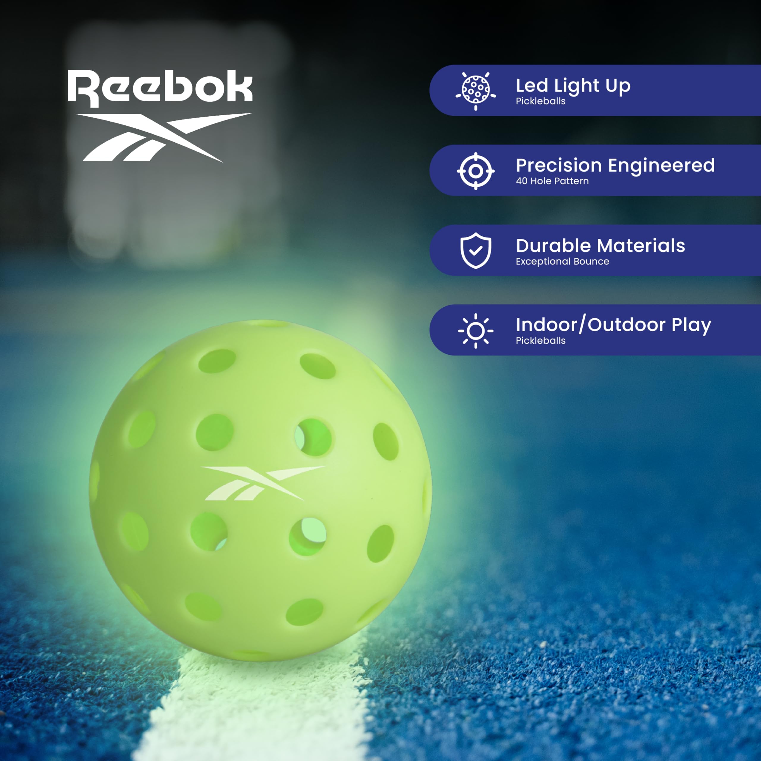 Reebok - LED-Pickleball-Set, hohe Sprungkraft, Outdoor-Pickleballs mit Präzision, 40-Loch-Muster, perfekt für nächtliche Spiele