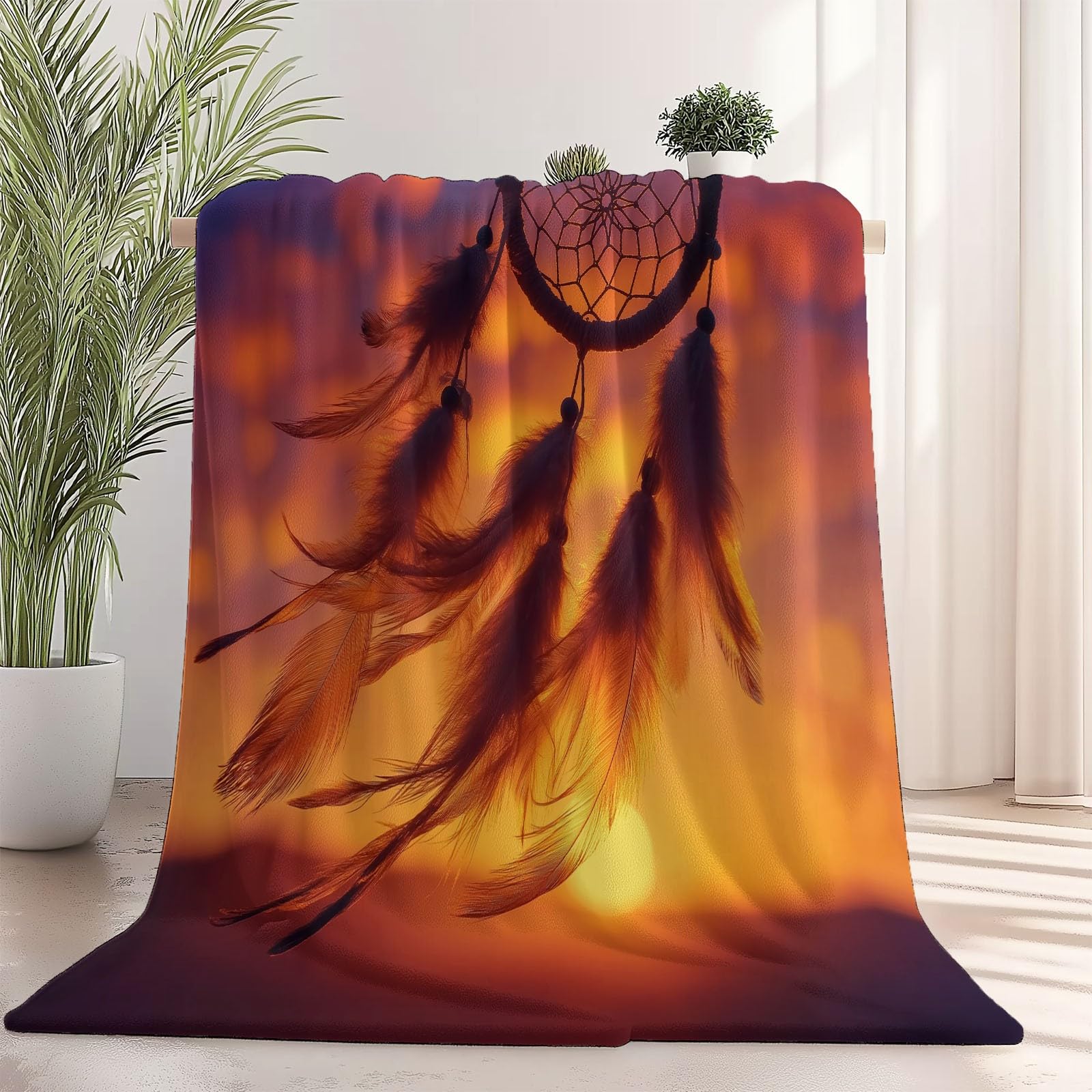 Morado Oscuro Manta Decorativa de Franela 220×240 cm, Plaid cálido para Retro Atrapasueños Atardecer Primer Plano, añade Estilo y Confort al sofá, Cama o Sala de Estar, Ideal para el hogar Moderno