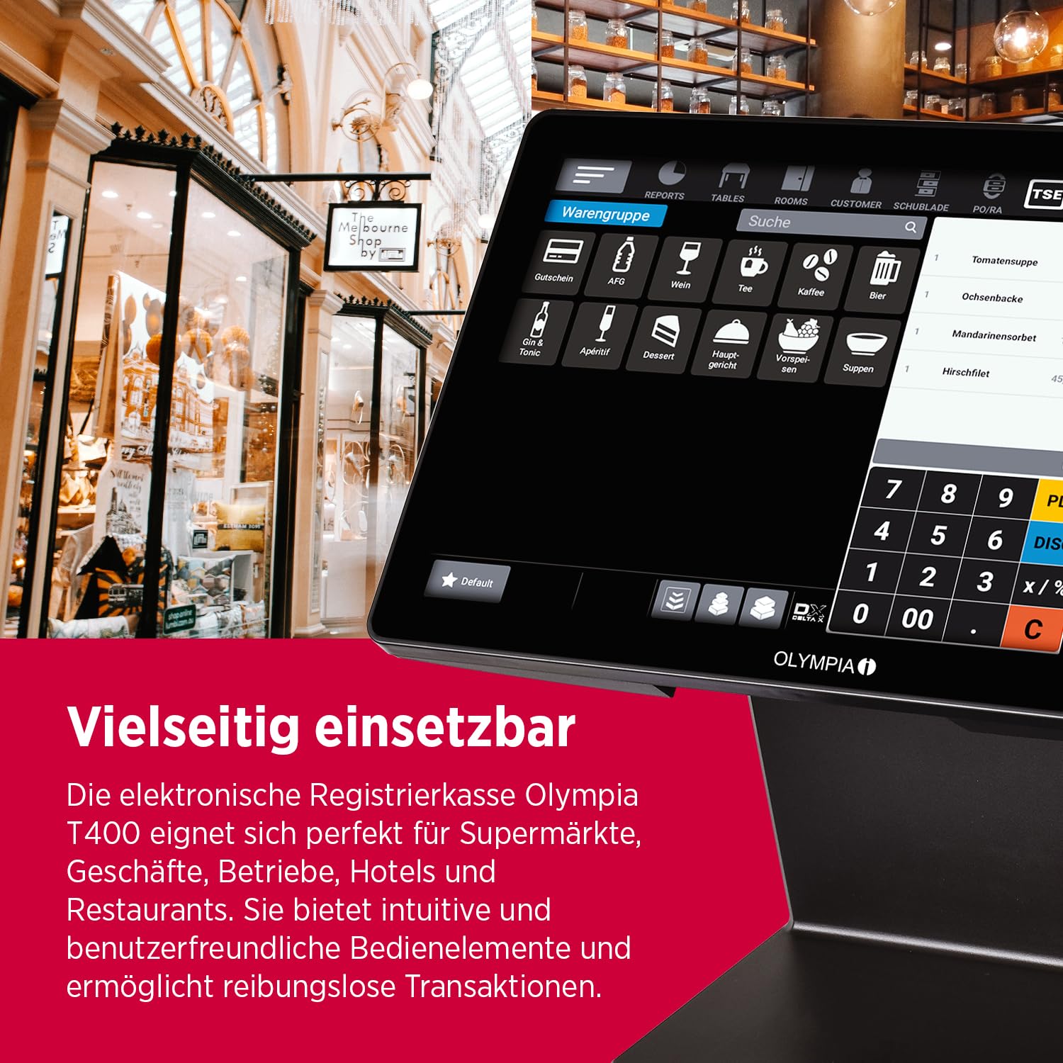 Olympia T400 Kassensystem Touchscreen Kasse Android 11 USB-TSE Registrierkasse Kundenanzeige Cloudoption Komplettsystem