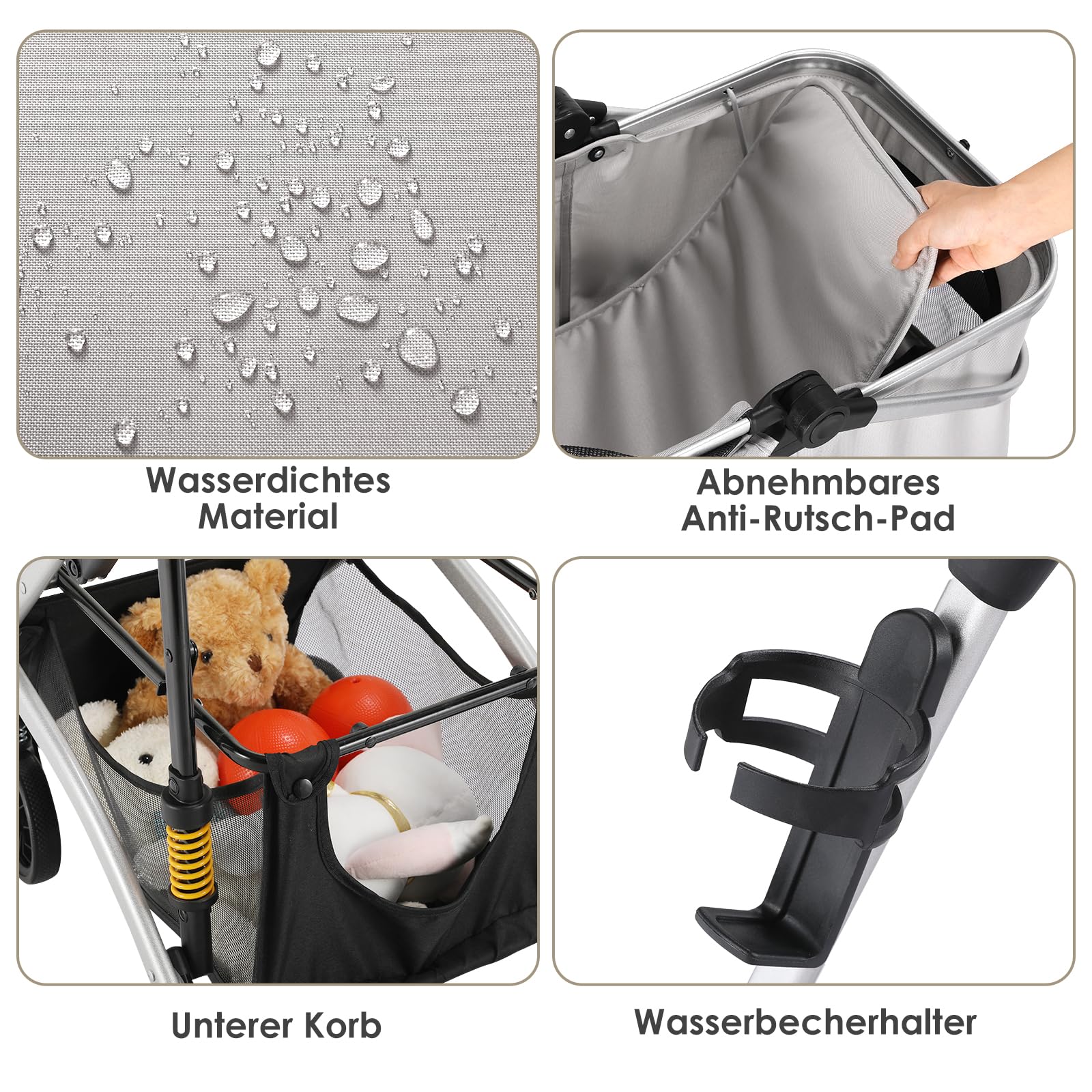 MAMIZO Hundebuggy 3 in1 Hundewagen Hundebox Transporttasche,Faltbar klappbar Katzenwagen,Bis 20kg,4 PCS 360° Verschleißfeste Gummiräder, Ablagekorb, Getränkehalter,für kleine Hunde Katz, Silber grau