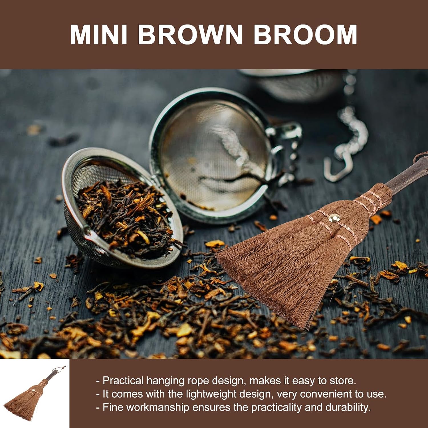 Vaguelly Mini Natural Palm Broom 24cm Small Hand Broom with Soft Brown Bristles for Tea Ceremony and Delicate Corner Cleaning in Household and Office Use
