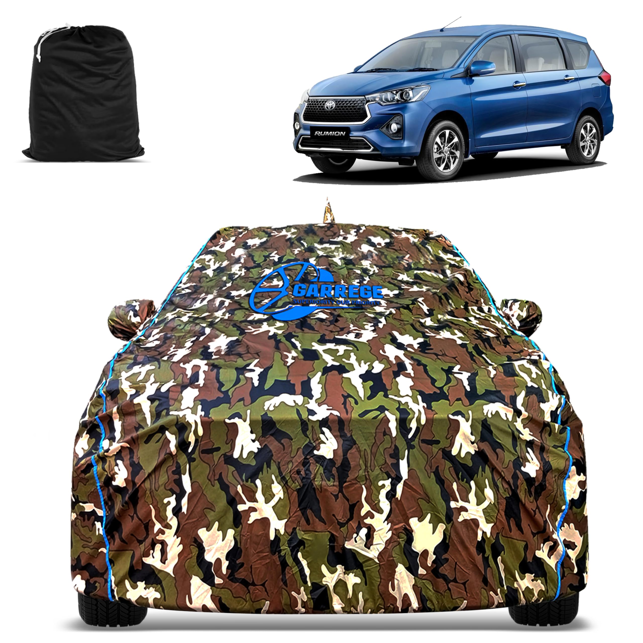 Toyota Rumion Car Body Cover Waterproof with Mirror & Antenna Pockets and Soft Cotton Lining (Full Bottom Elastic Triple Stitched) (Jungle Print with Blue Piping) Style-image-18