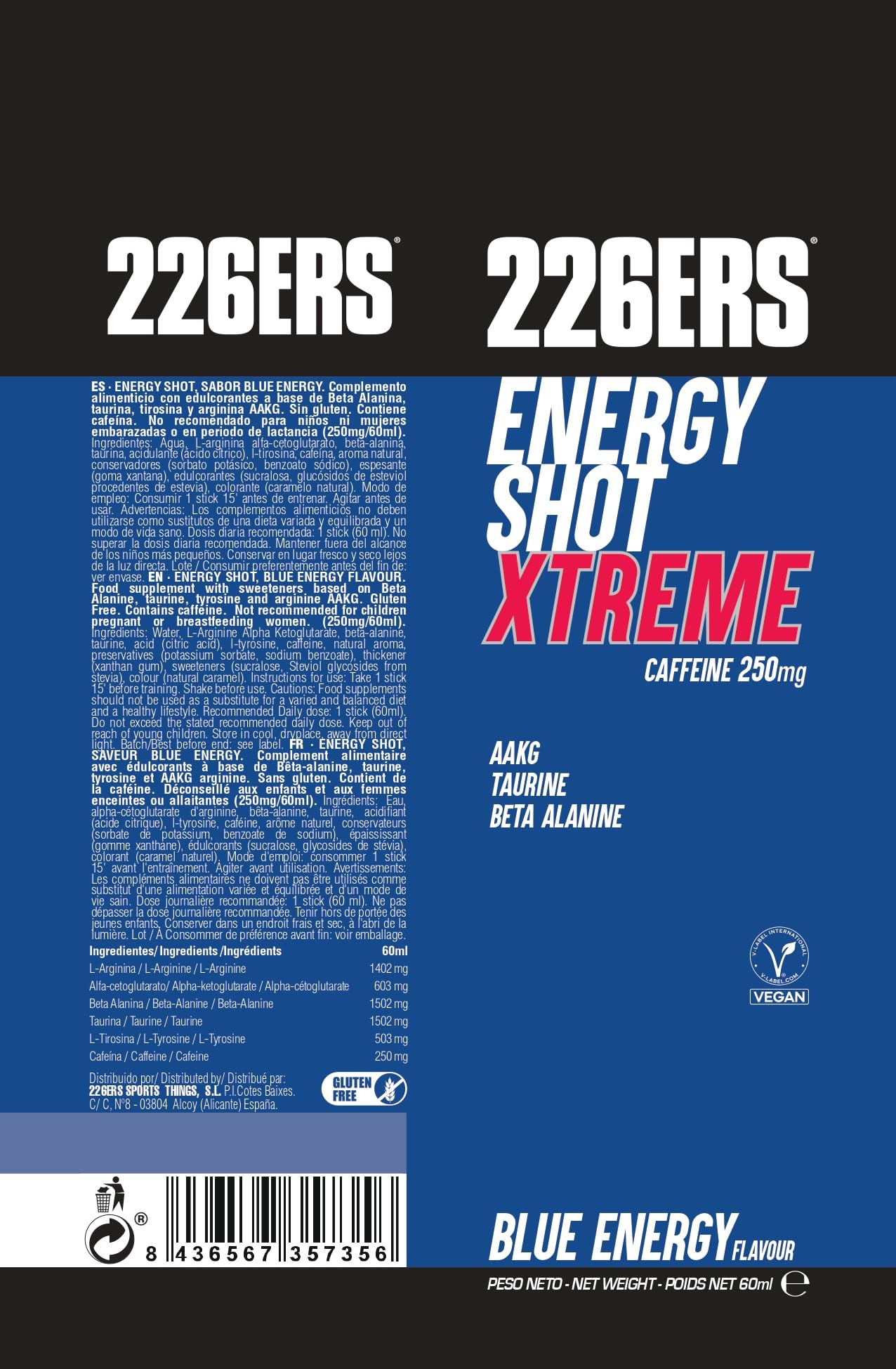 226ERS - Energy Shot Extreme Sabor Blue Energy 60 ml, Suplemento Alimenticio, con Beta Alanina, Taurina y Arginina, con Cafeína, para Activación Antes o Durante el Ejercicio