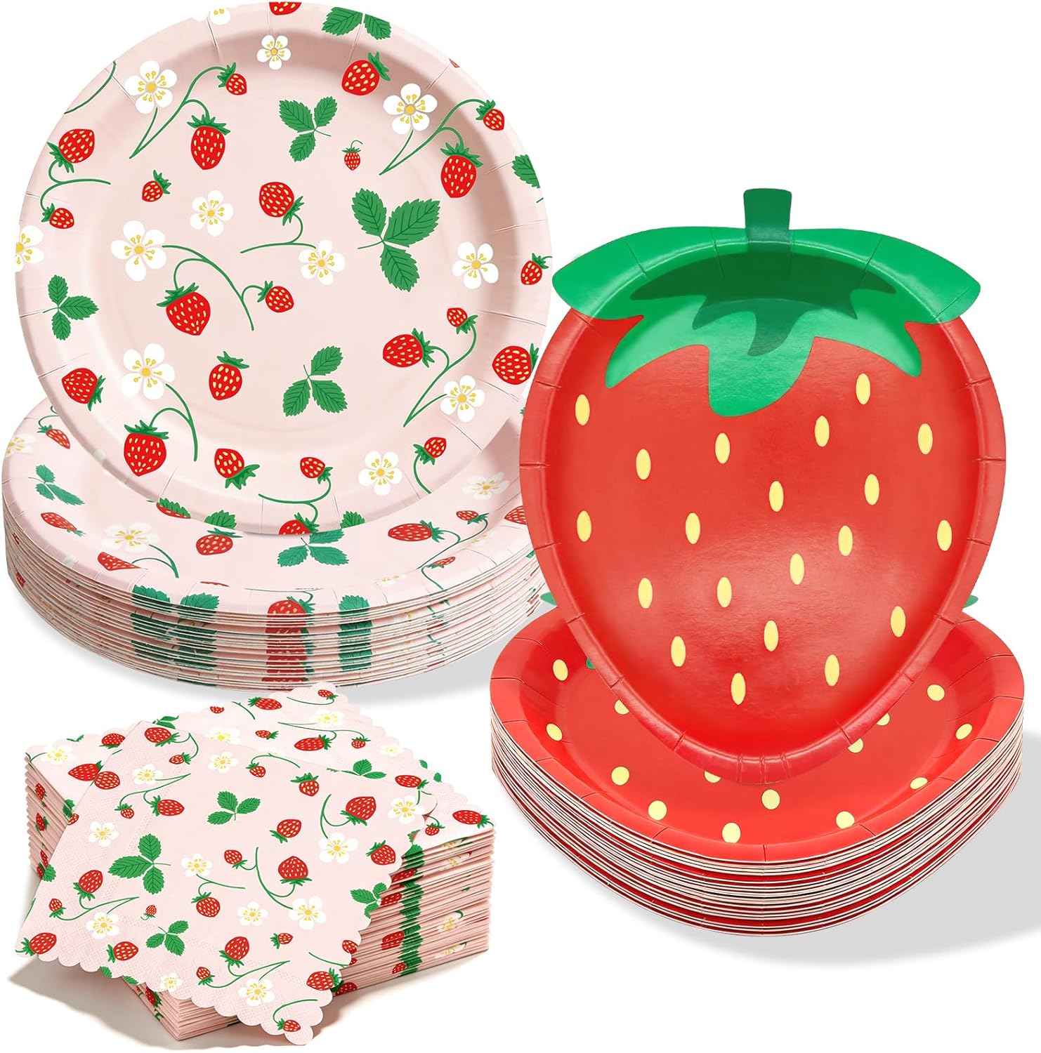 OuMuaMua 150pcs Strawberry Plates Napkins Birthday Decorations, 8.5 and 9 Inch Disposable Paper Tableware Set for Summer Baby Shower Sweet One 1st Berry First Fruit Themed Party Supplies, Serves 50