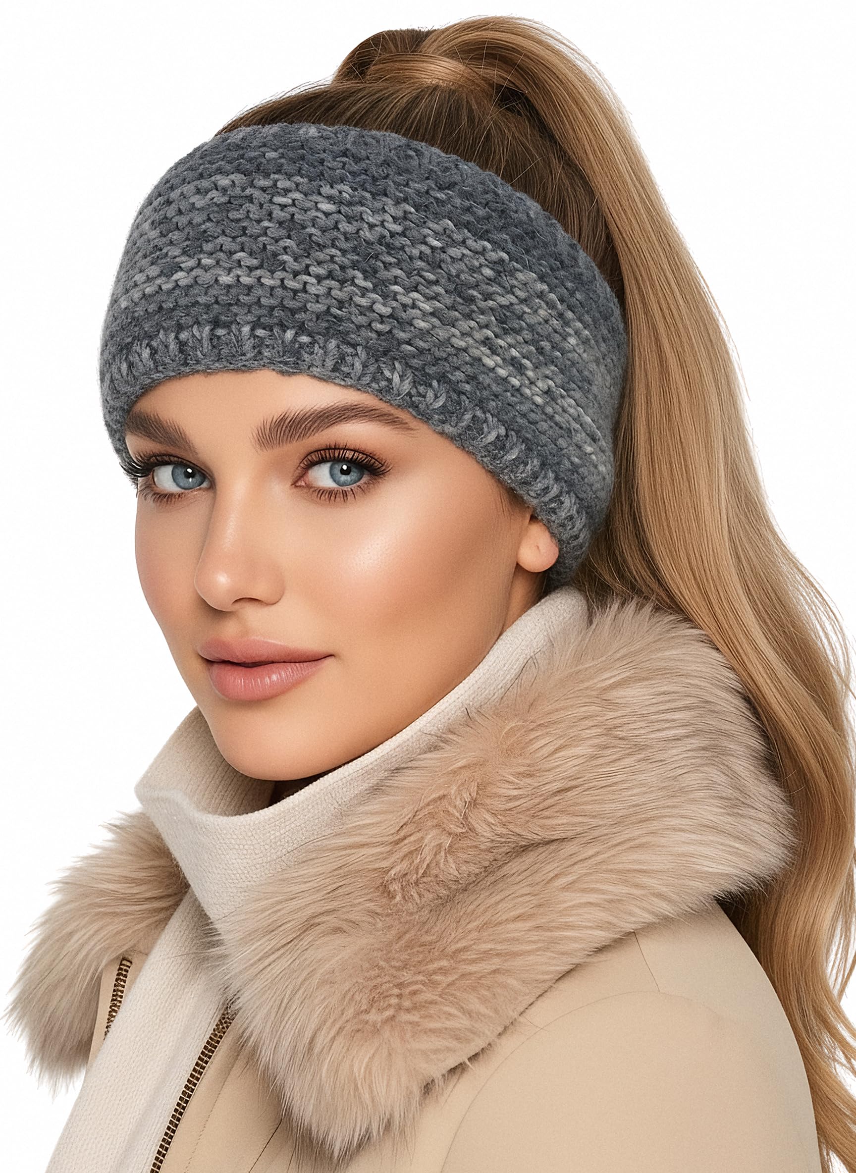 Baesics Stirnband Damen Winter Farbverlauf Schwarz - Ohrenwärmer warm gefüttert mit Wolle und Fleece-Innenfutter, gestrickt 48-58 cm Unisex Herren | dick weich