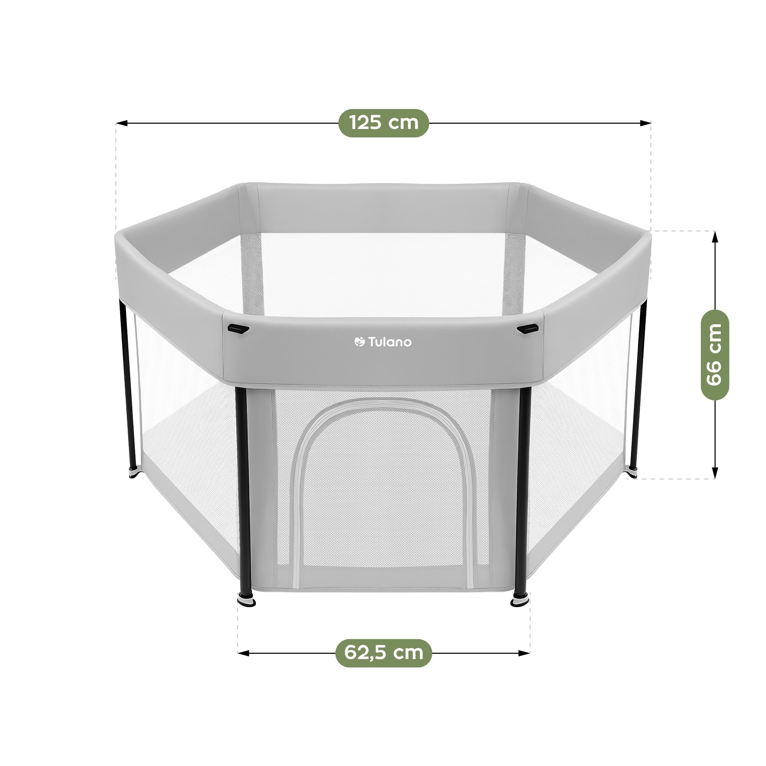 Tulano Cozy 30 Reise-Laufstall Baby faltbar 125x66 cm – Kompakter Kinderlaufstall mit Boden – Netzseiten – Reißverschluss-Tür – rutschfeste Füße – Tragetasche – Indoor & Outdoor – 6–36 Monate - Grau