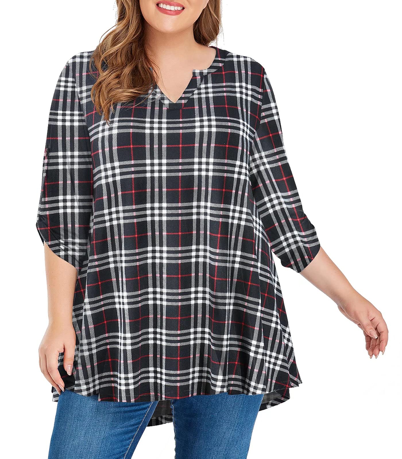 MONNURO Women's 3/4 Sleeve V Neck Plus Size Shirts Casual Loose Swing Floral Print Fall Tunic Tops