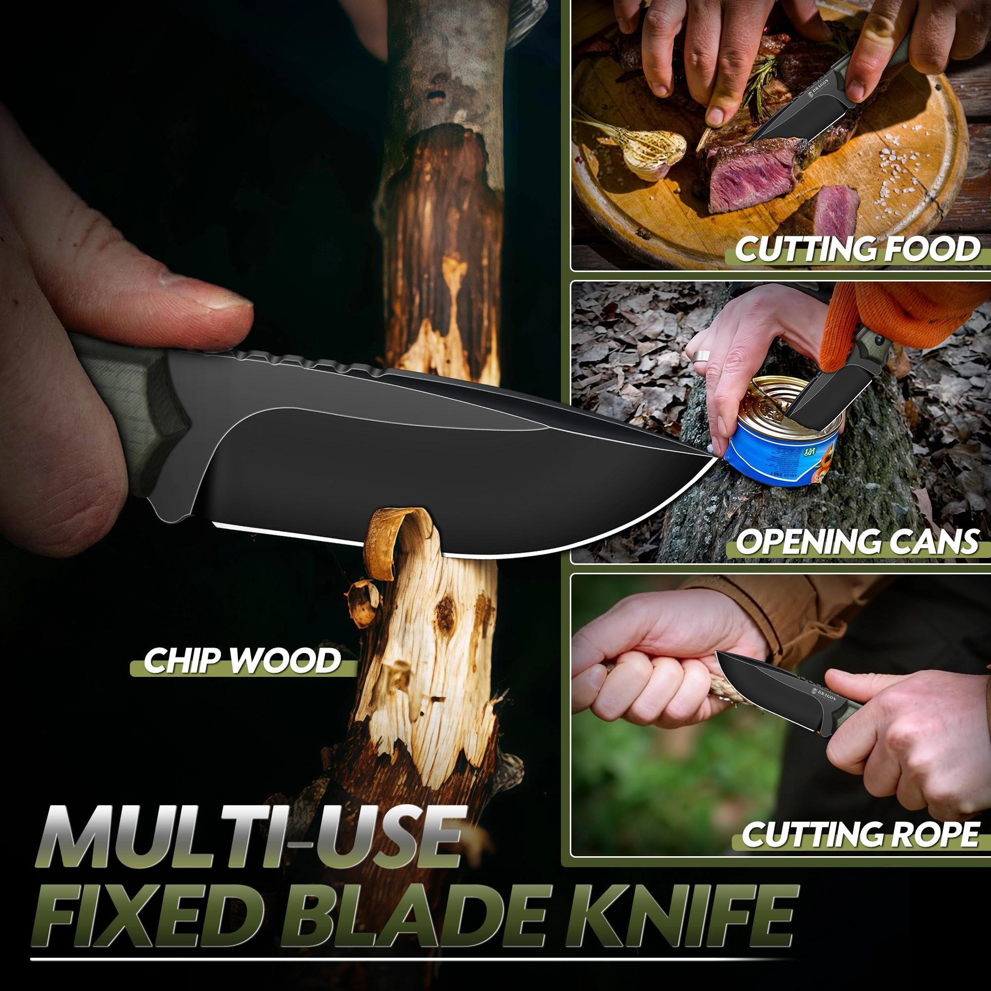 Dragon Creek Kompaktes Outdoor Messer feststehend D2 Stahl, Drop Point Jagdmesser mit G10 Griff, Full Tang EDC Messer mit Kydex Scheide, kleines Camping Bushcraft Messer(Grün) - 3