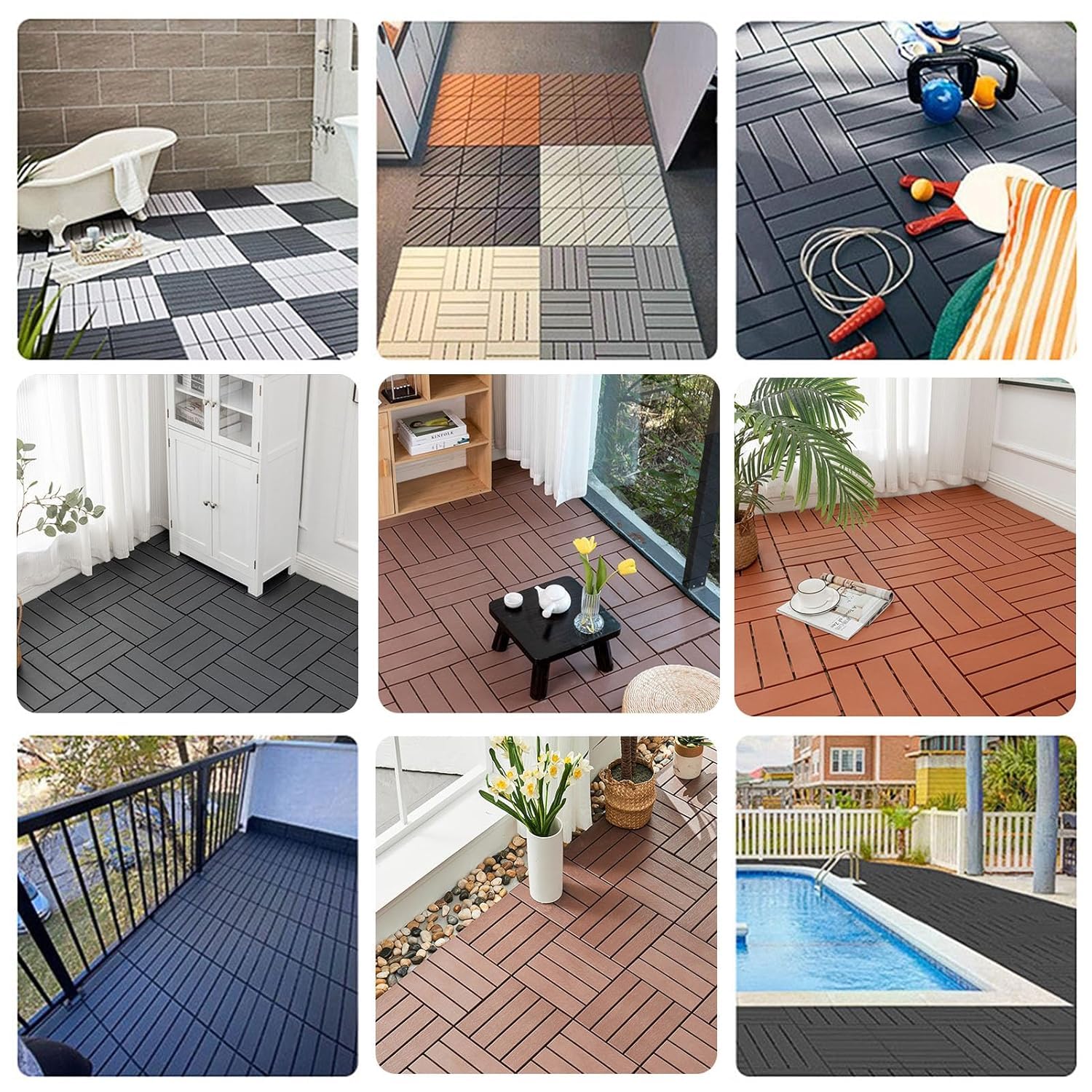 Dalles et lames de terrasse en composite, Dalles de terrasse emboîtables multicolores 30x30x2cm 10 pièces(Brick)