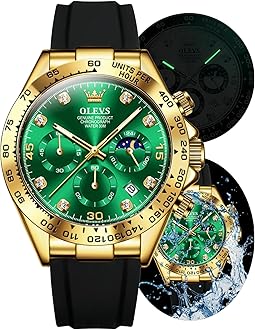 - Men's Watch Analog Chronograph Waterproof Multifunctional Diamond Sports Silicone Strap Moon Phase Quartz Night Light Men's Watch