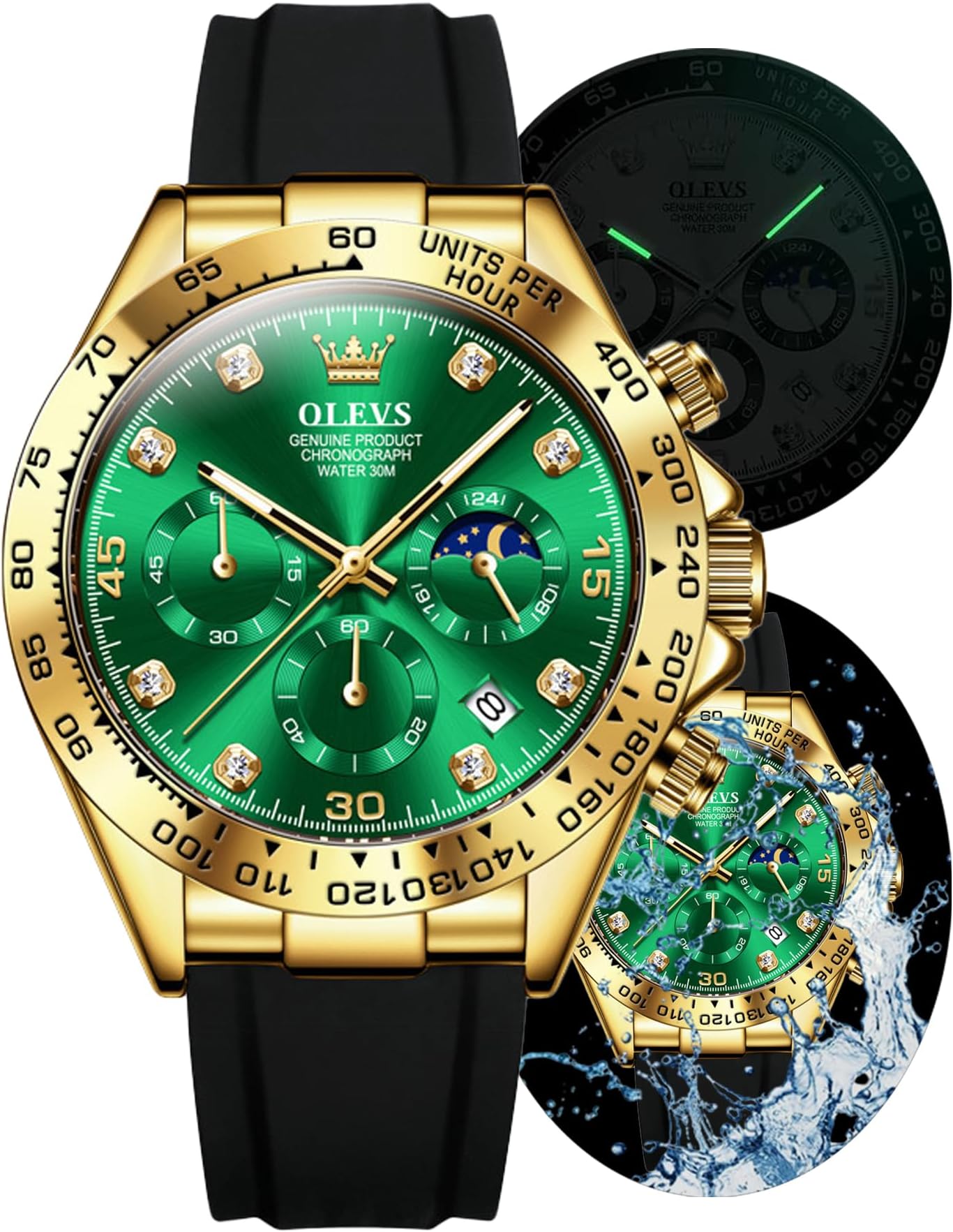 Men's Watch Analog Chronograph Waterproof Multifunctional Diamond Sports Silicone Strap Moon Phase Quartz Night Light Men's Watch
