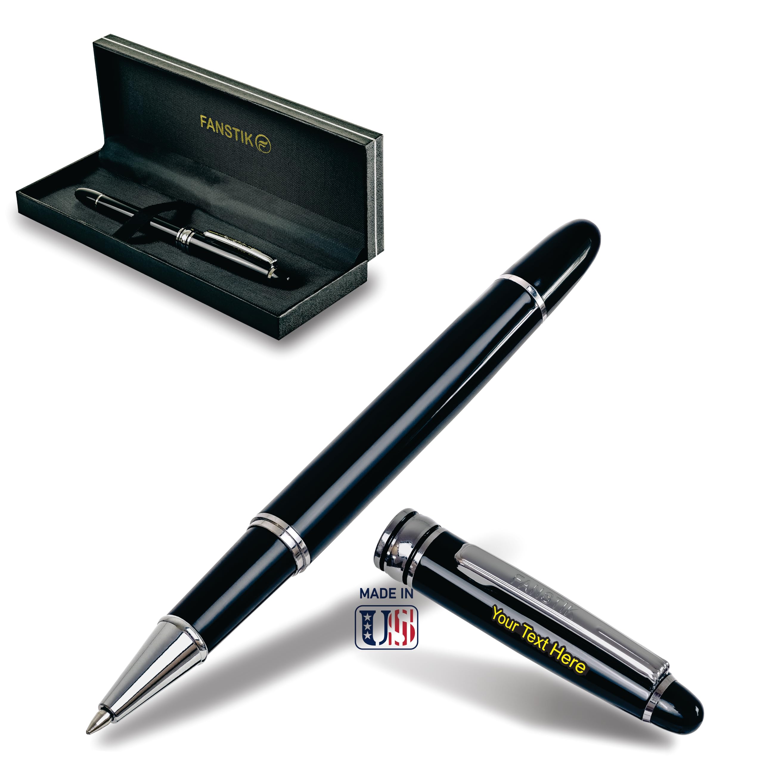 Customized RollerBall pen with name (MADE IN USA), stainless steel, black and silver, luxury engraved pen personalized for men and for women. (RollerBall Black-Silver)