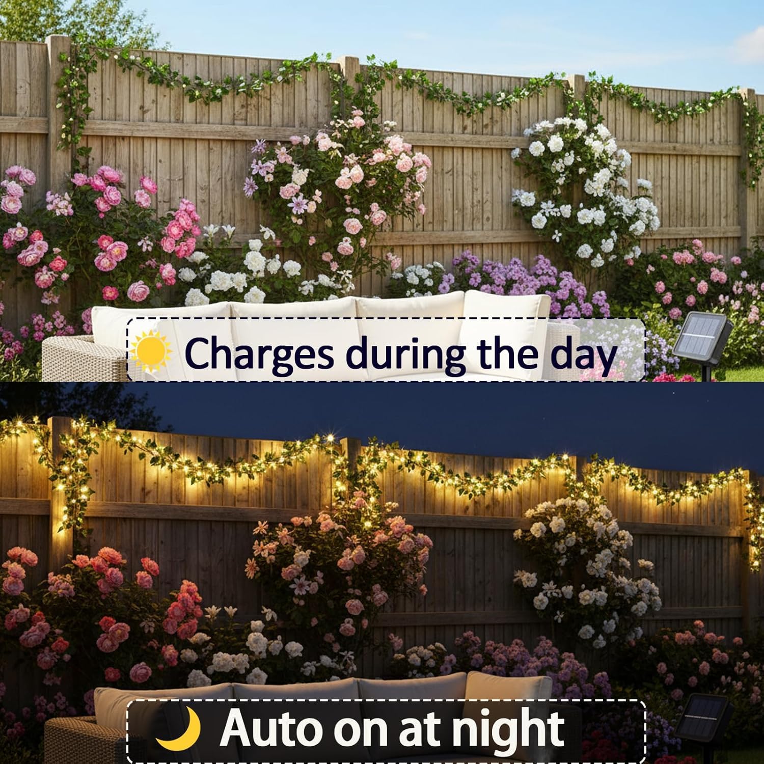 Guirnalda de luces solares impermeables para exteriores, guirnalda de luces solares para decoración de jardín, vides falsas de 33 pies con luces, 8 modos de luces artificiales para patio