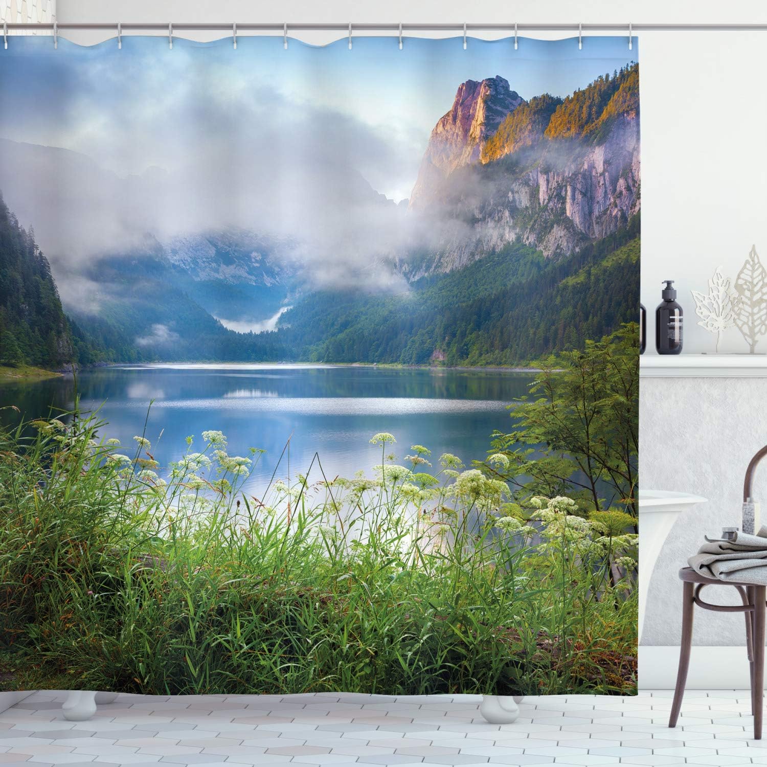 Ambesonne Nature Shower Curtain, Alps Mountain Foggy Lake in Floral Meadow Adventure Pastoral Climbing Picture, Cloth Fabric Bathroom Decor Set with Hooks, 69" W x 70" L, Fern Green