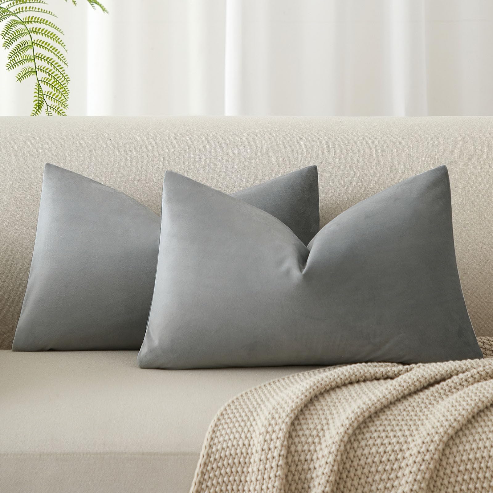 12x20 Lumbar Velvet Throw Pillow Covers Set of 2 for Couch Sofa Bed,Gray