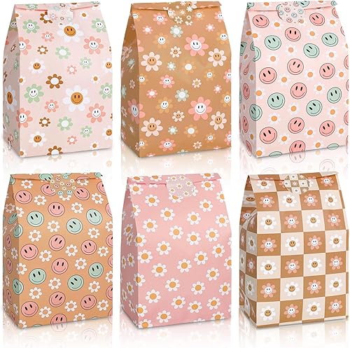 AnyDesign 24 bolsas de regalo de fiesta estilo bohemio vintage, 6 diseños de margaritas sonrientes, bolsas de regalo de papel con calcomanías,