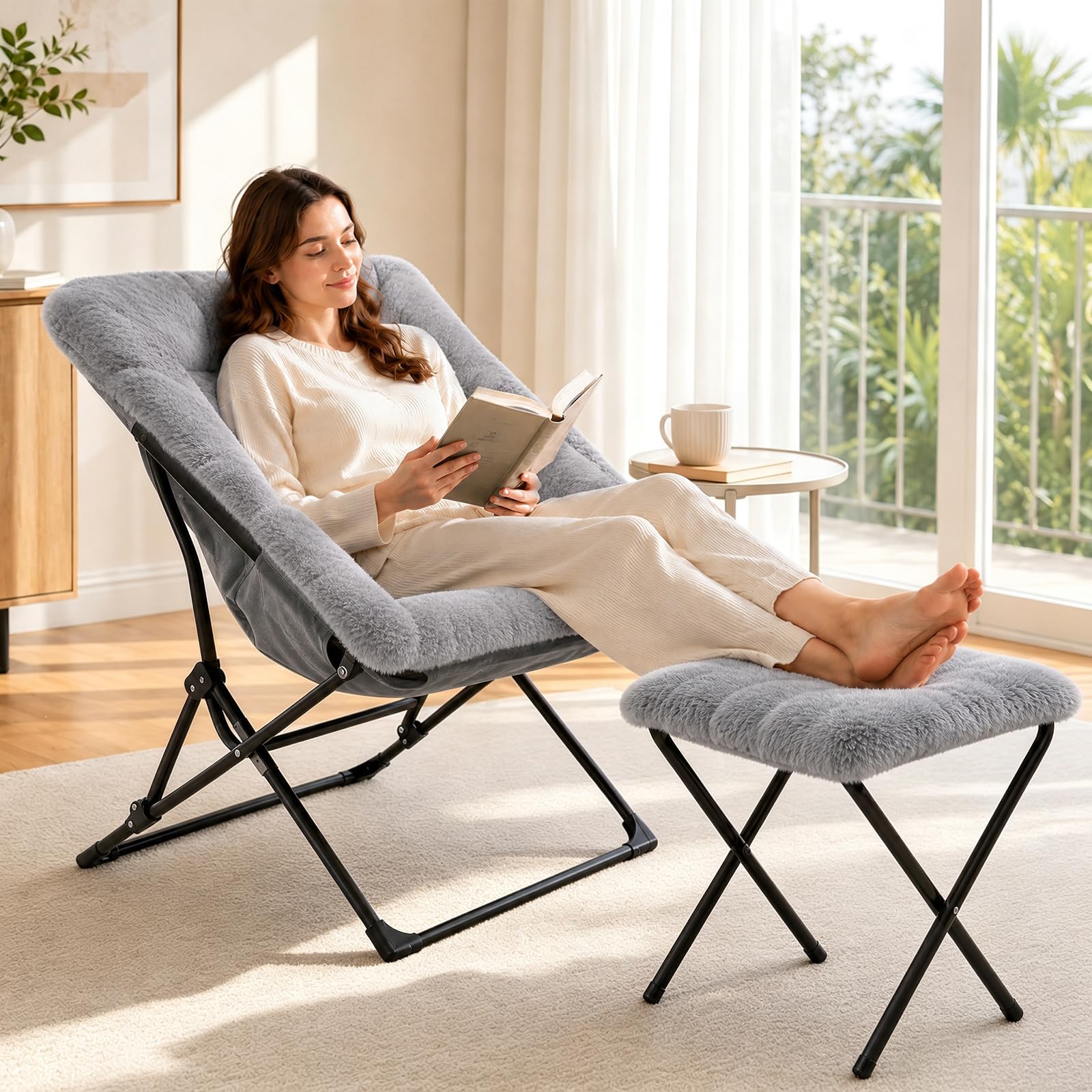 Sillón con reposapiés, cómodo sillón de Lectura, sillón ergonómico para Sala de Estar, Dormitorio, Oficina, Zona de Piscina o jardín; Capacidad de Carga máxima: 150 kg(Gris)